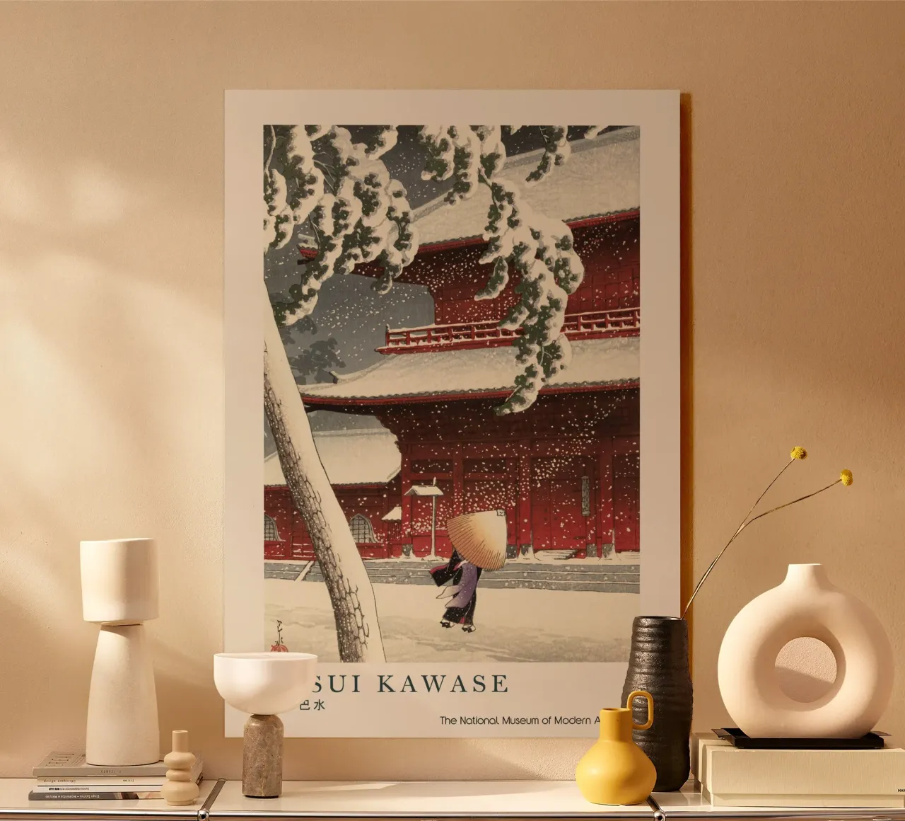 Templo Hasui Kawase en la nieve, xilografía japonesa metacrilato de Bakara