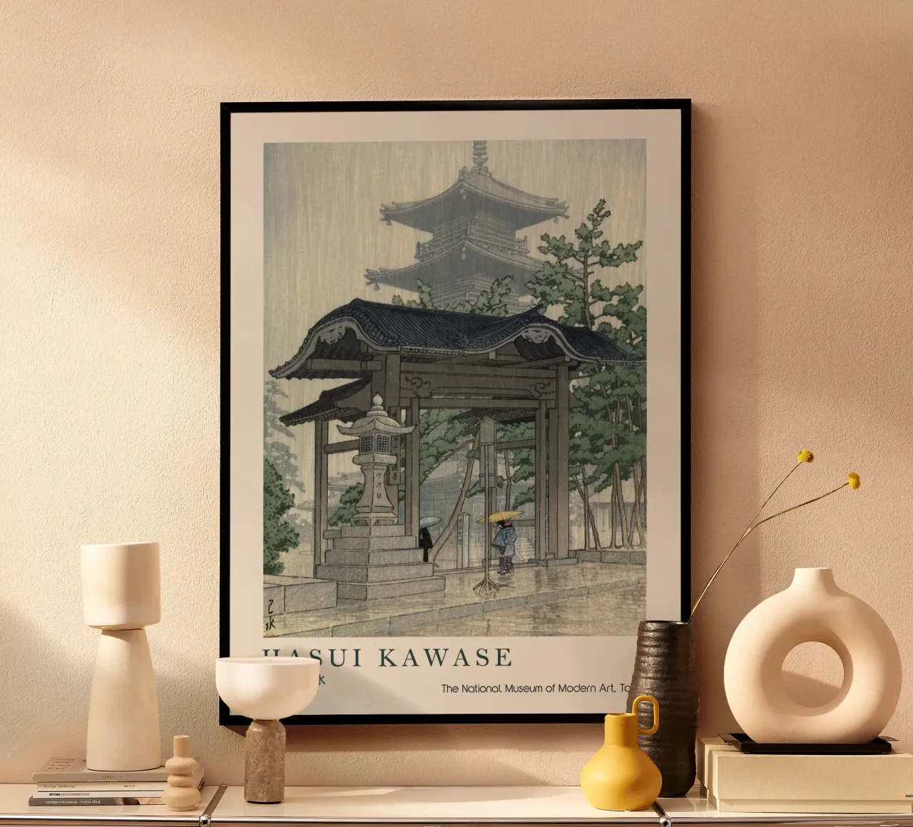 Tempio piovoso di Hasui Kawase, stampa su legno giapponese carta hahnemühle da Bakara