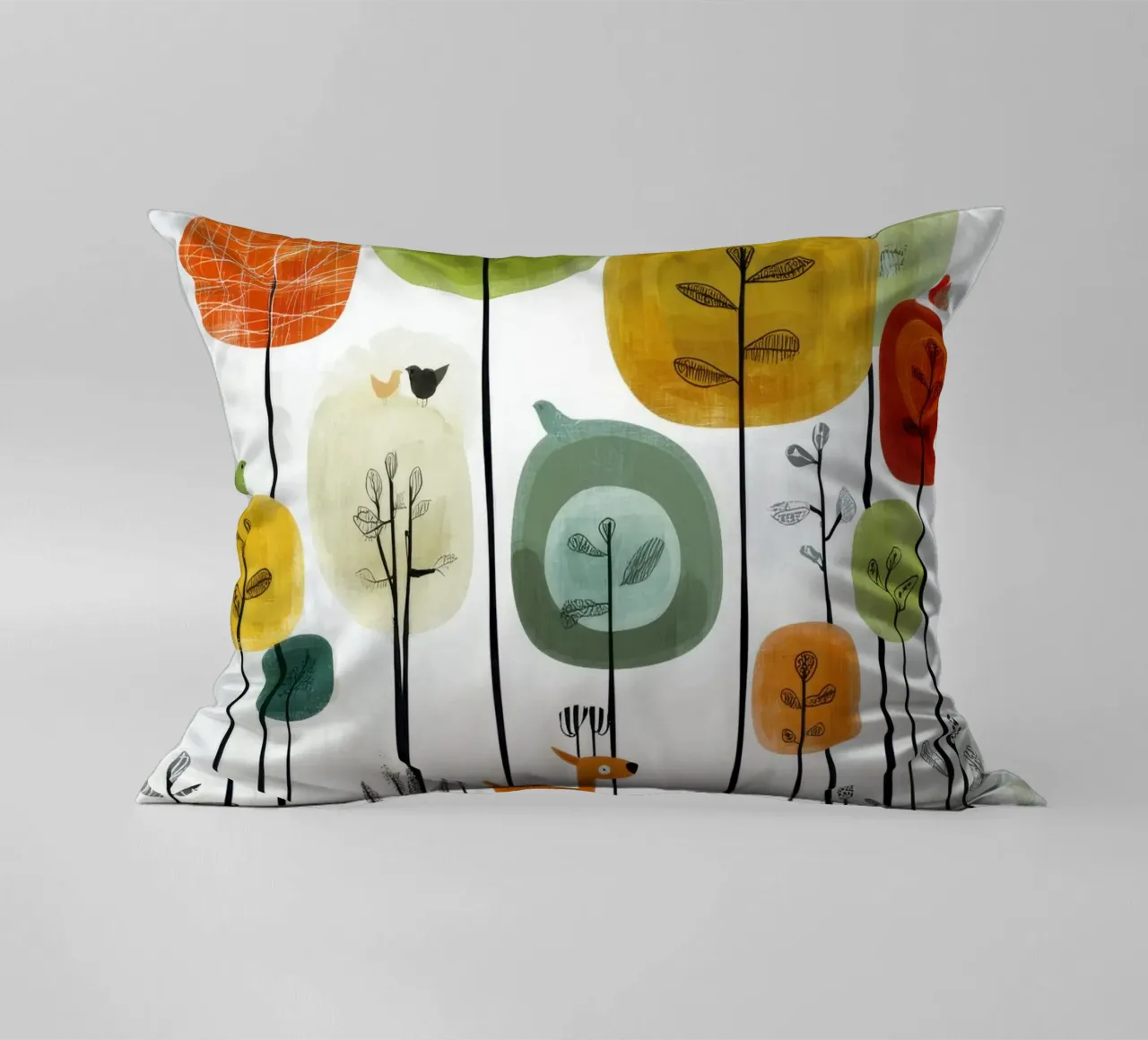 Foresta stravagante con cervi e uccelli cuscino da Artbyvo