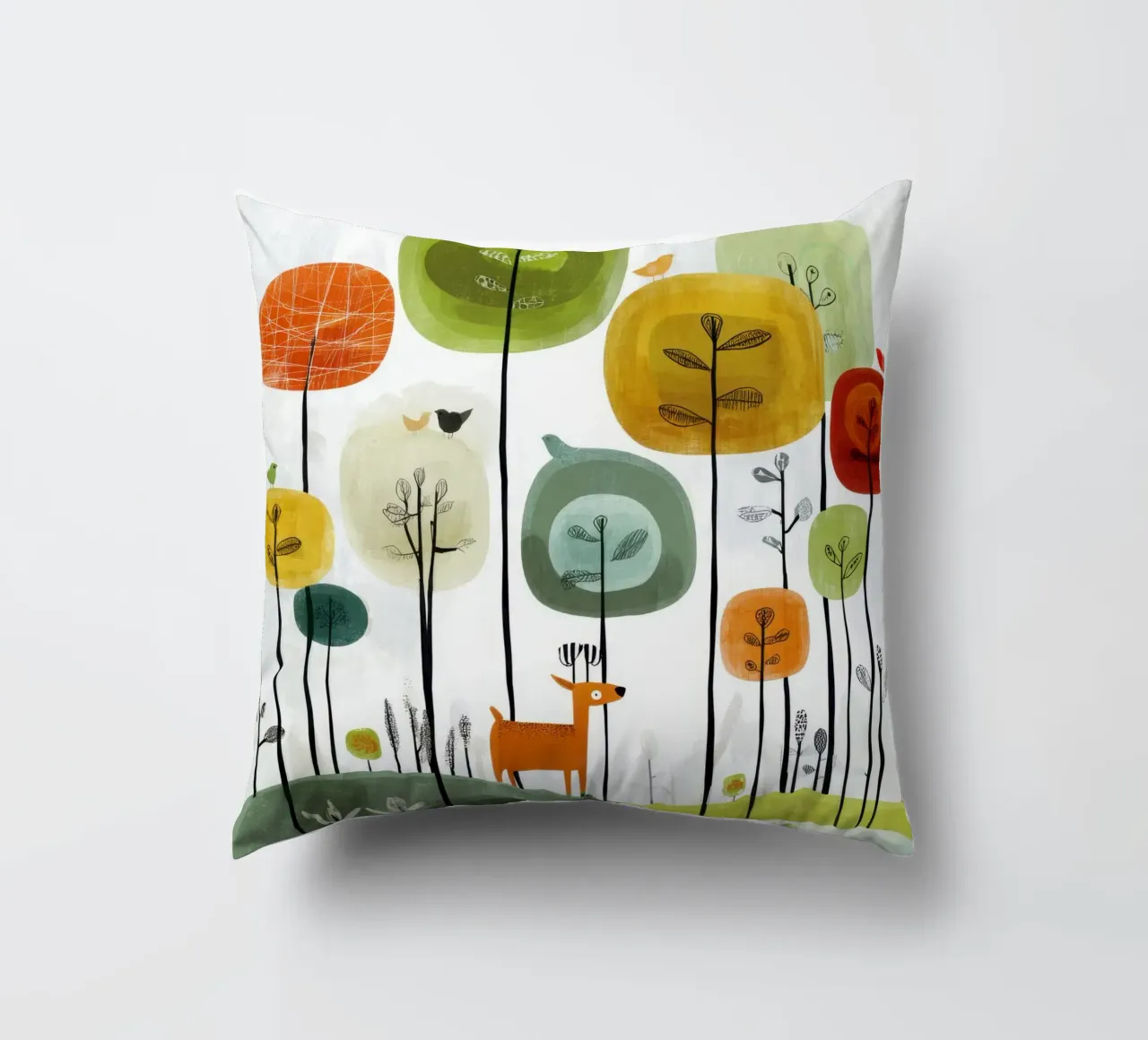 Foresta stravagante con cervi e uccelli cuscino da Artbyvo