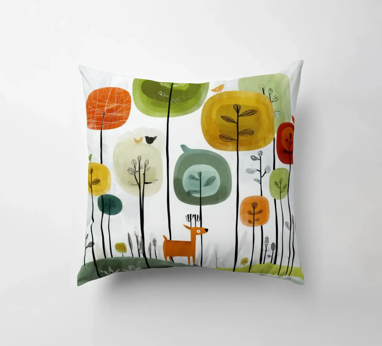 Foresta stravagante con cervi e uccelli cuscino da Artbyvo