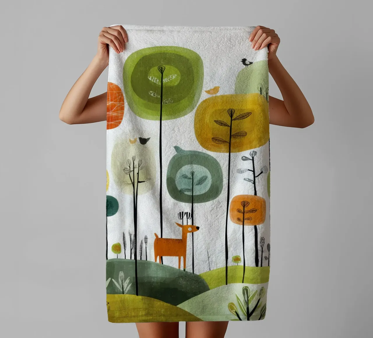 Foresta stravagante con cervi e uccelli asciugamano da bagno da Artbyvo
