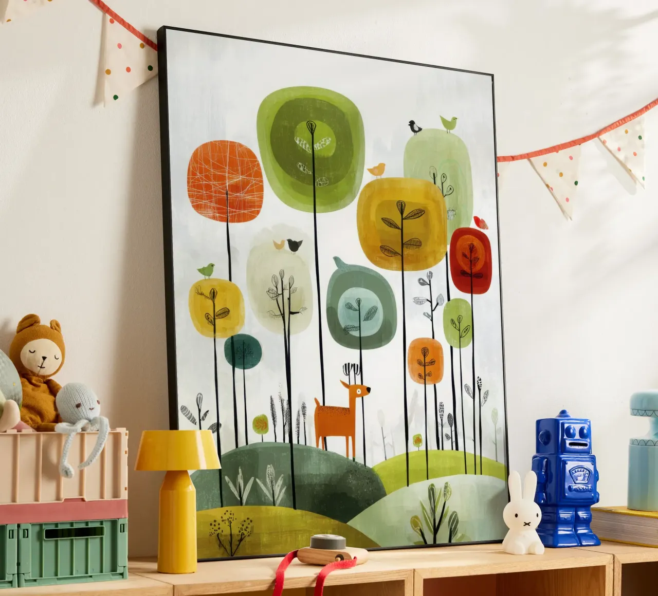 Foresta stravagante con cervi e uccelli alluminio dibond da Artbyvo