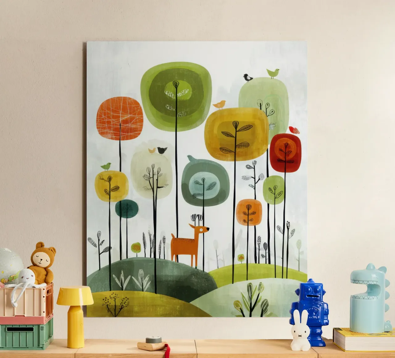 Foresta stravagante con cervi e uccelli alluminio dibond da Artbyvo