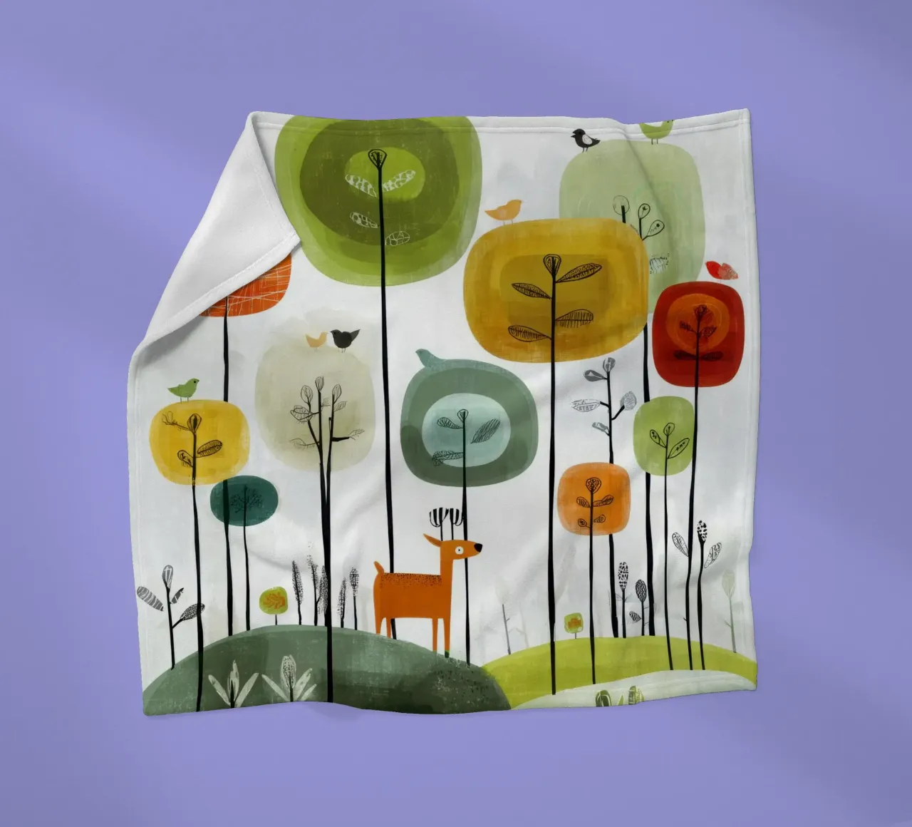 Foresta stravagante con cervi e uccelli coperta in pile da Artbyvo