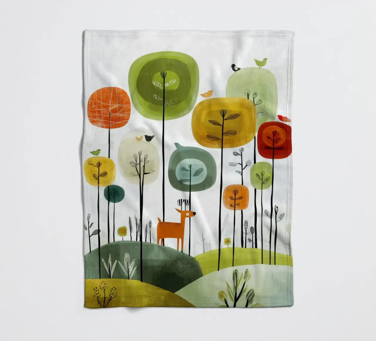 Foresta stravagante con cervi e uccelli coperta in pile da Artbyvo