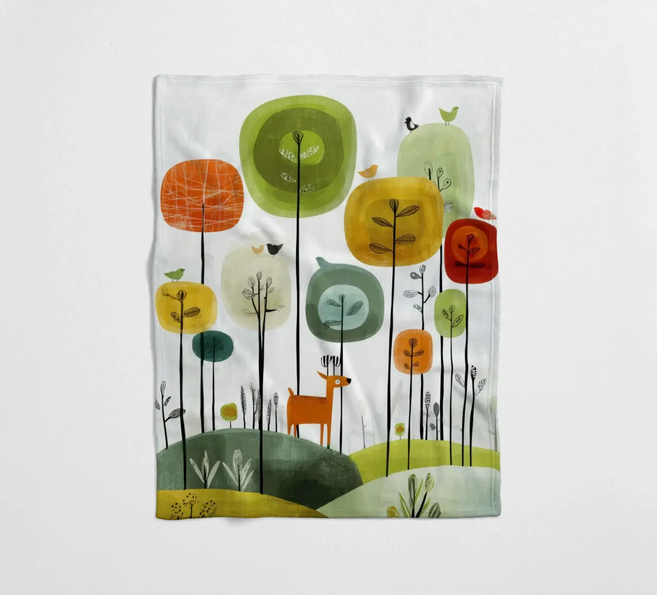 Foresta stravagante con cervi e uccelli coperta in pile da Artbyvo