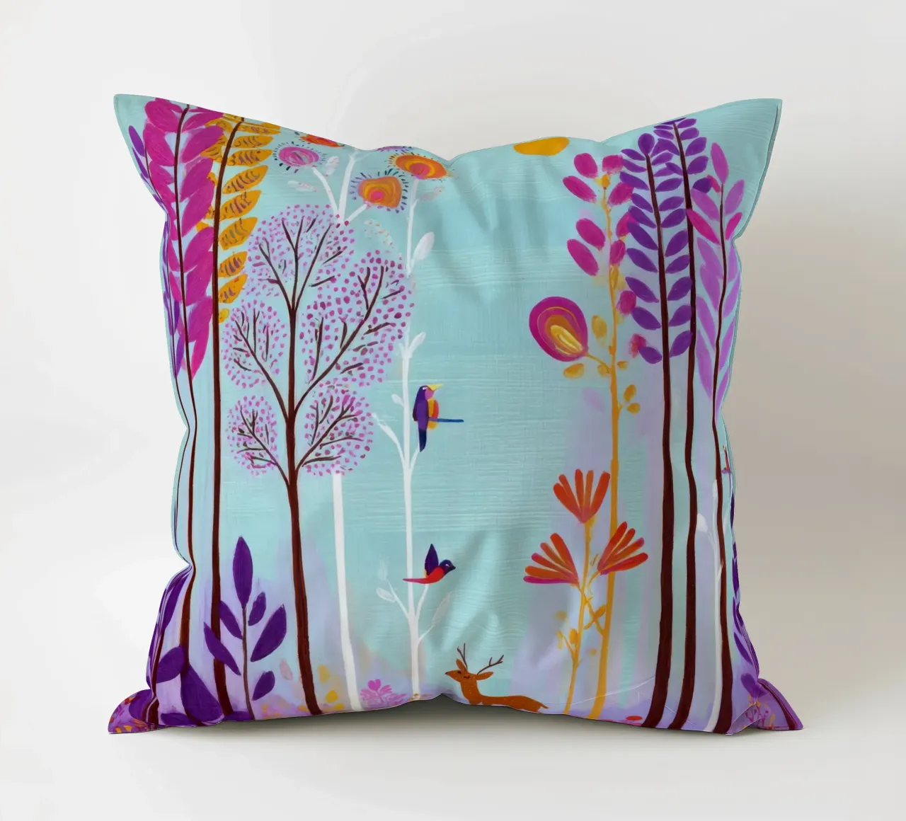 Foresta incantata colorata con cervi e uccelli cuscino da Artbyvo