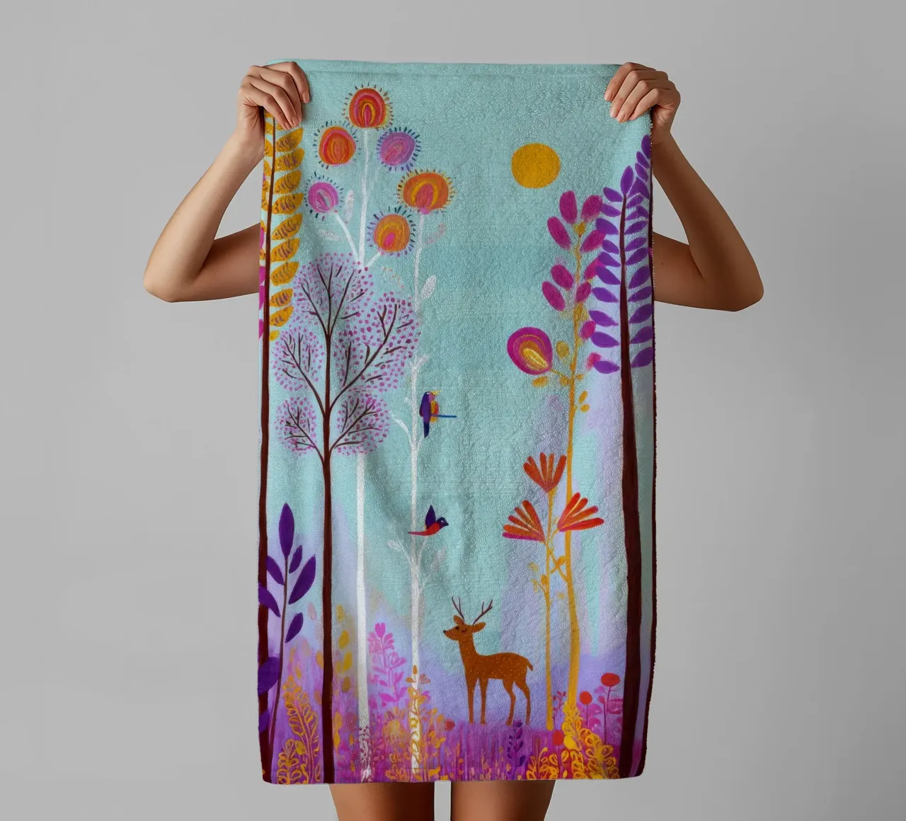 Foresta incantata colorata con cervi e uccelli asciugamano da bagno da Artbyvo