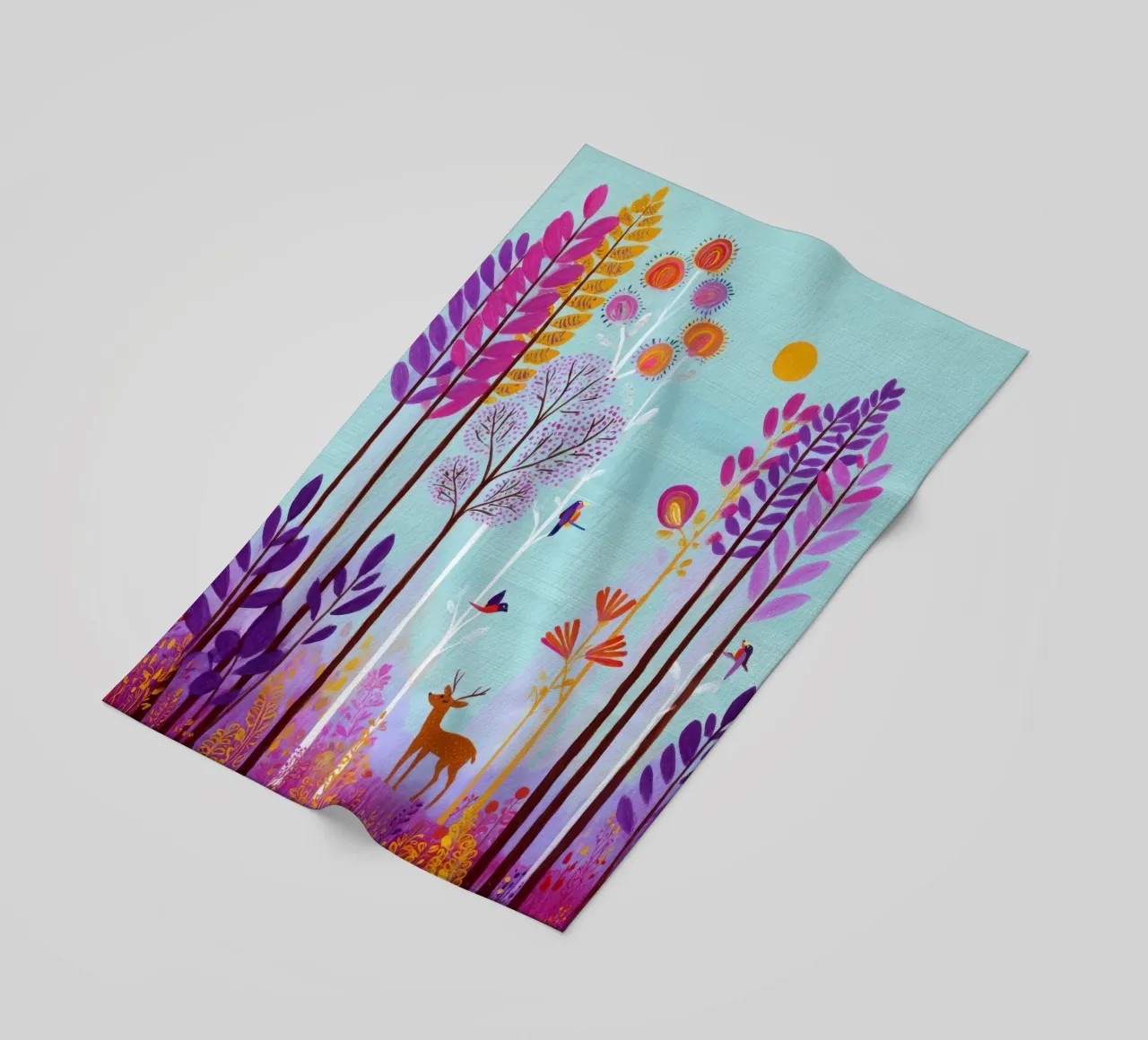 Foresta incantata colorata con cervi e uccelli telo mare da Artbyvo