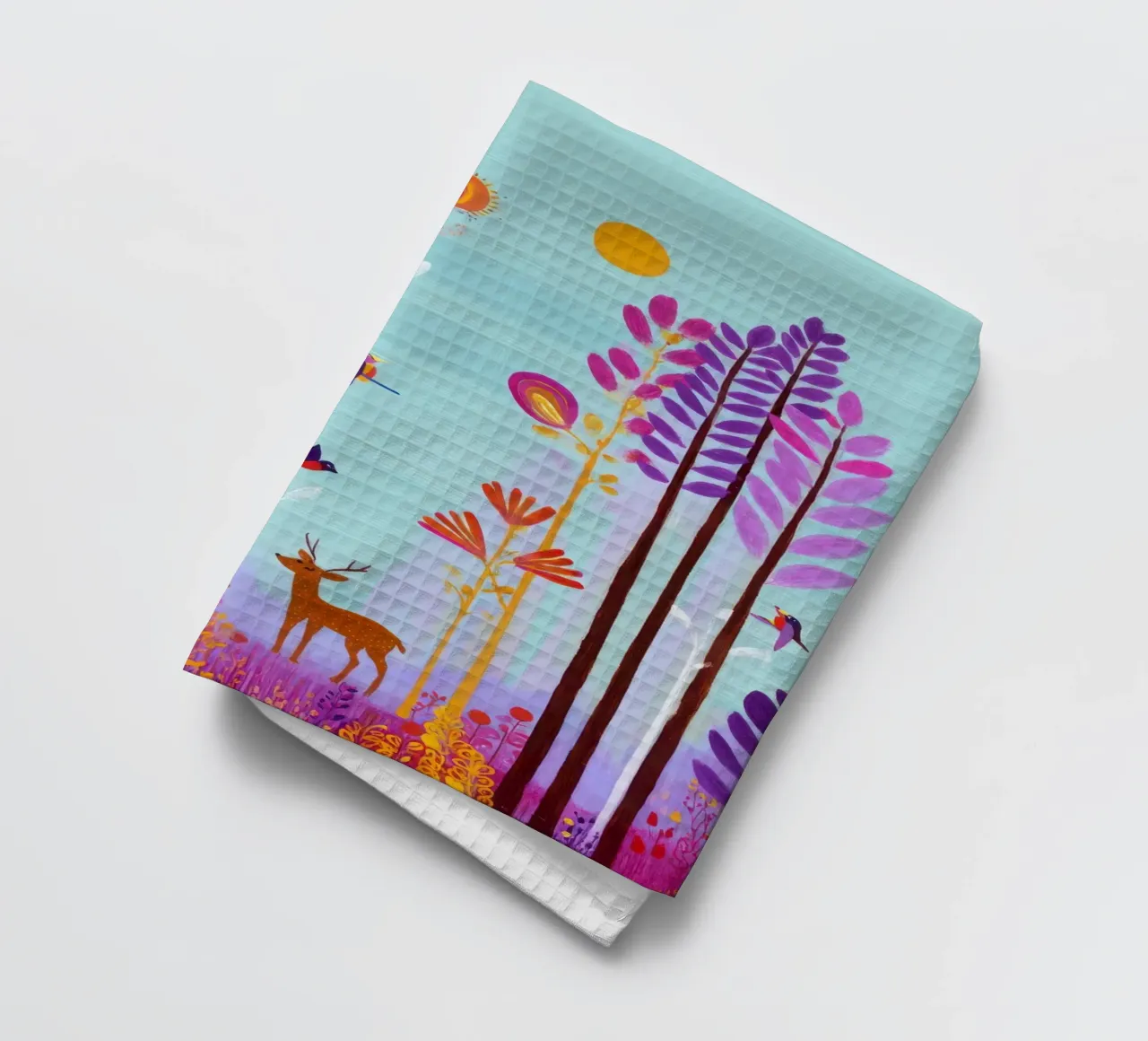 Forêt enchantée colorée avec cerfs et oiseaux torchon de Artbyvo
