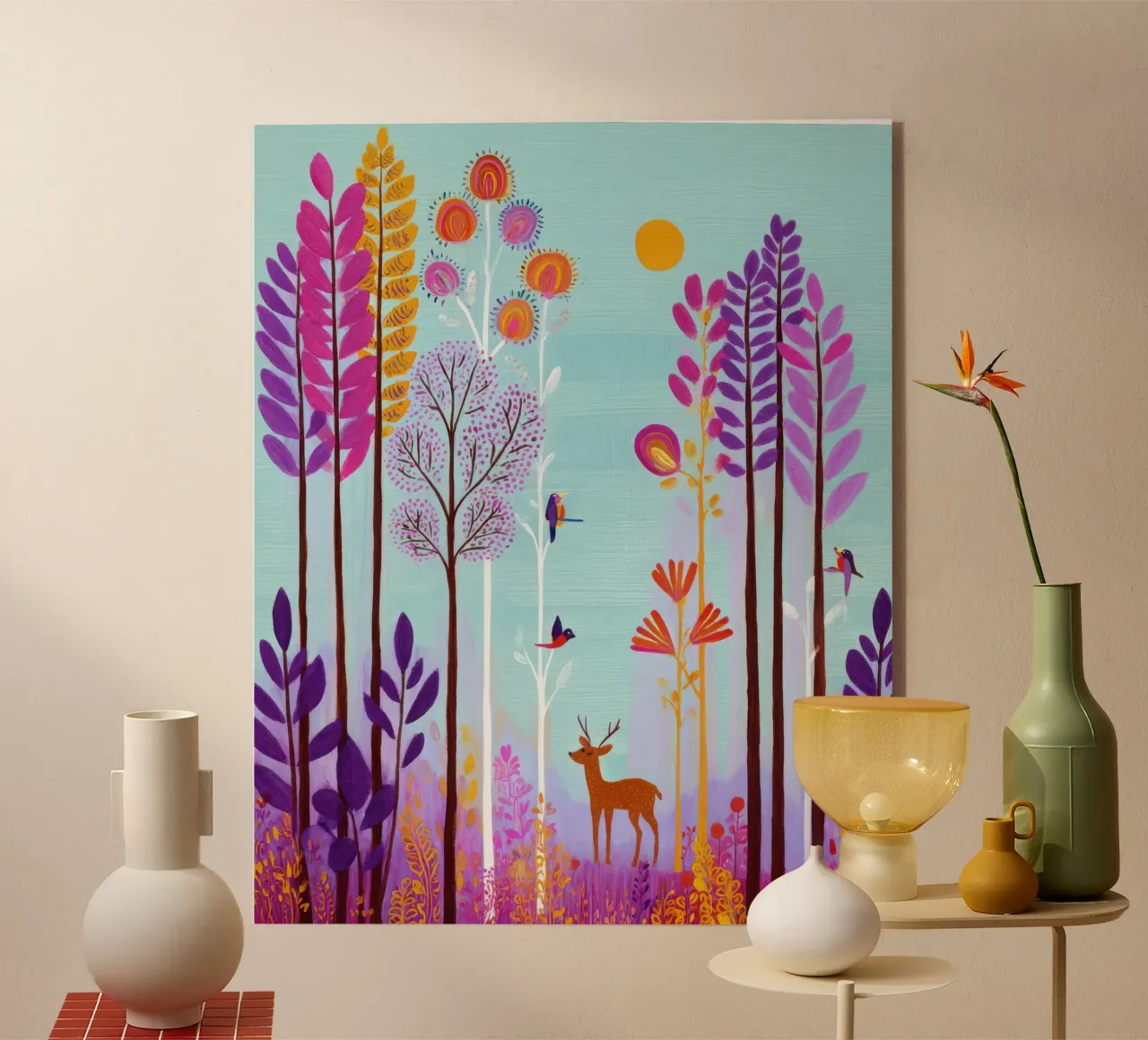 Foresta incantata colorata con cervi e uccelli plexiglass da Artbyvo