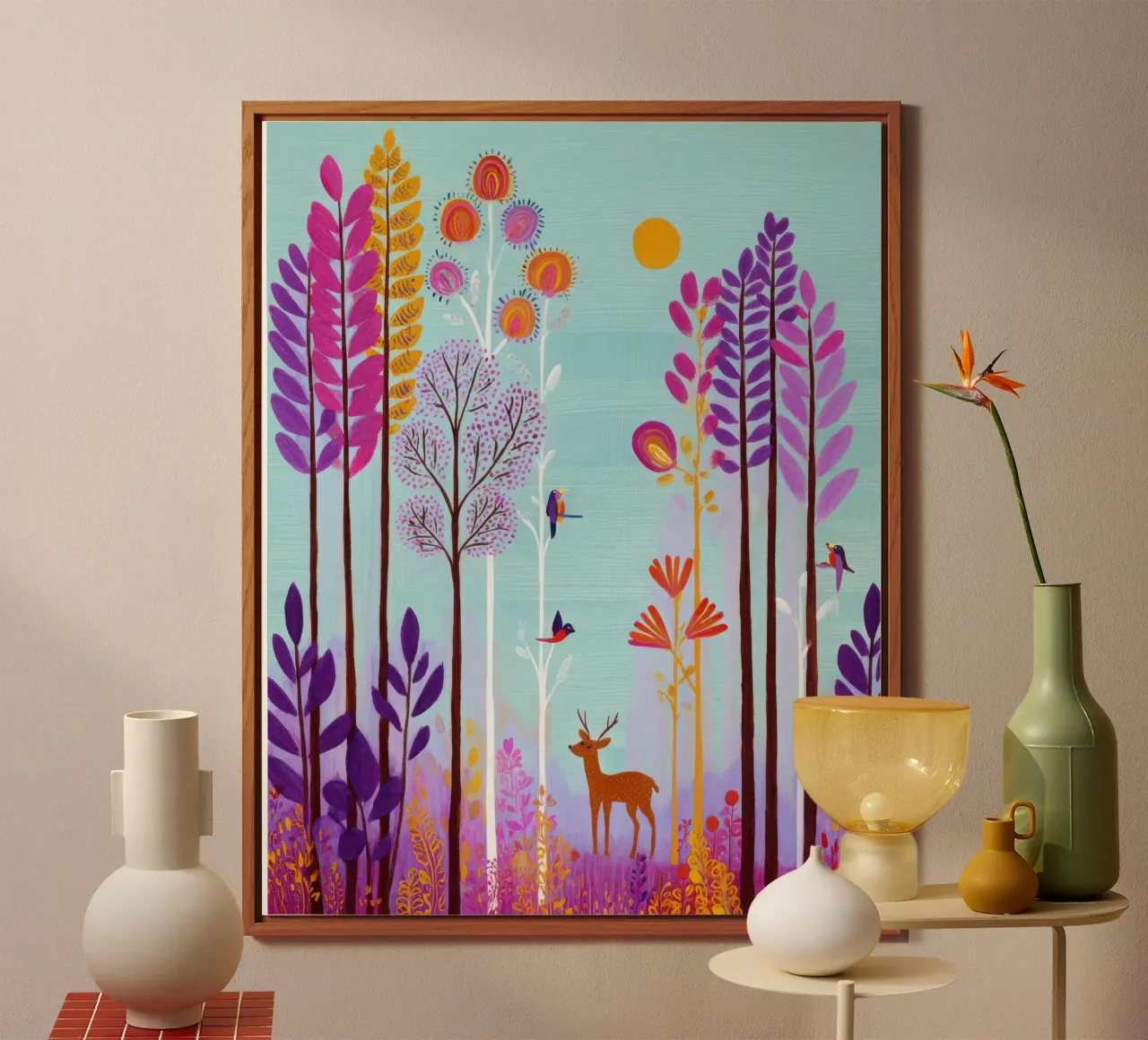 Foresta incantata colorata con cervi e uccelli pannello forex da Artbyvo