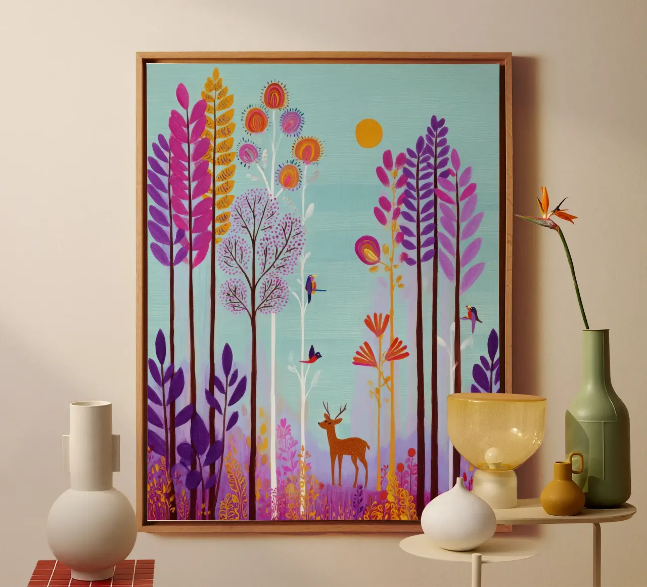 Foresta incantata colorata con cervi e uccelli tela da Artbyvo