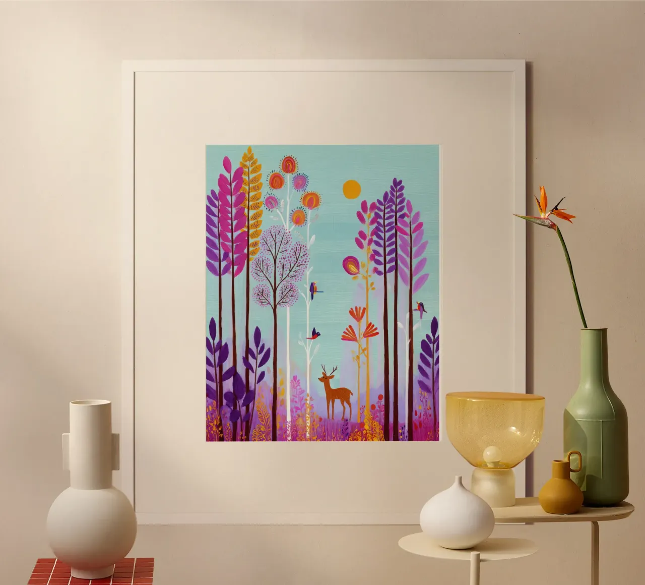 Foresta incantata colorata con cervi e uccelli poster da Artbyvo