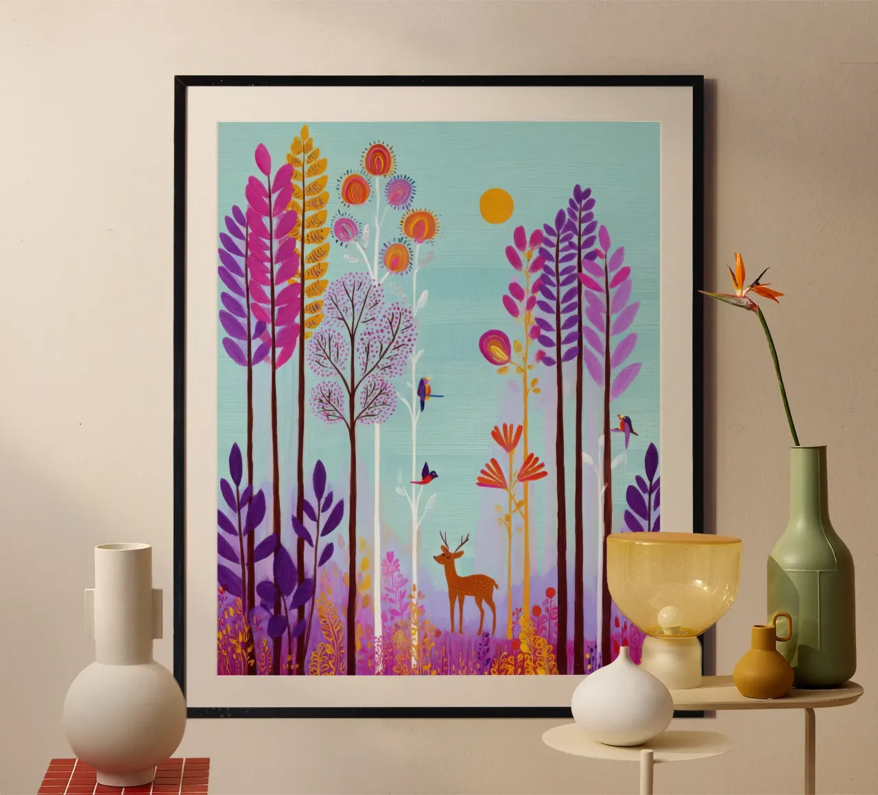 Foresta incantata colorata con cervi e uccelli poster da Artbyvo
