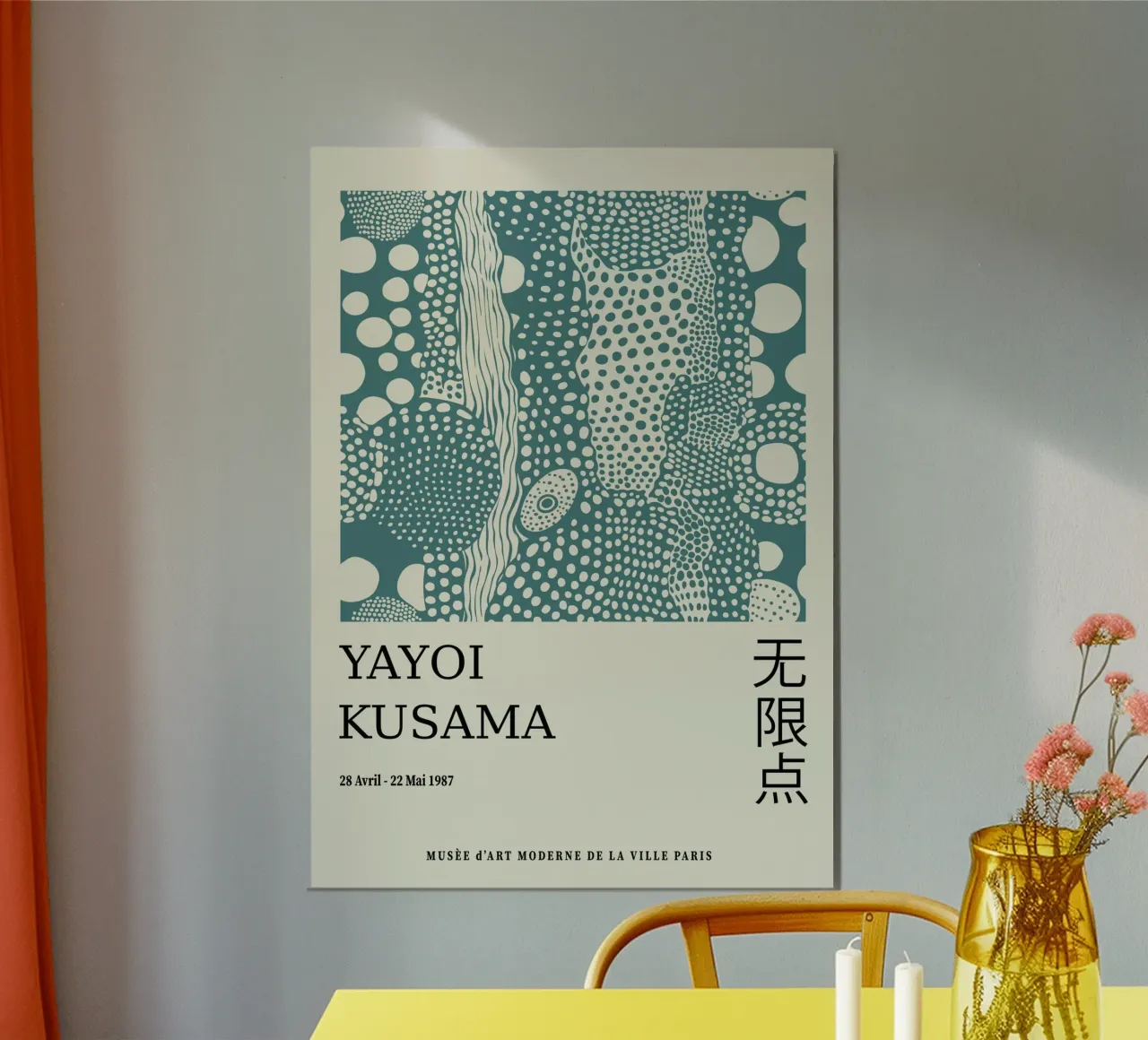 Yayoi Kusama Teal Dots, Unendliche Netze Druck Hahnemühle von Bakara
