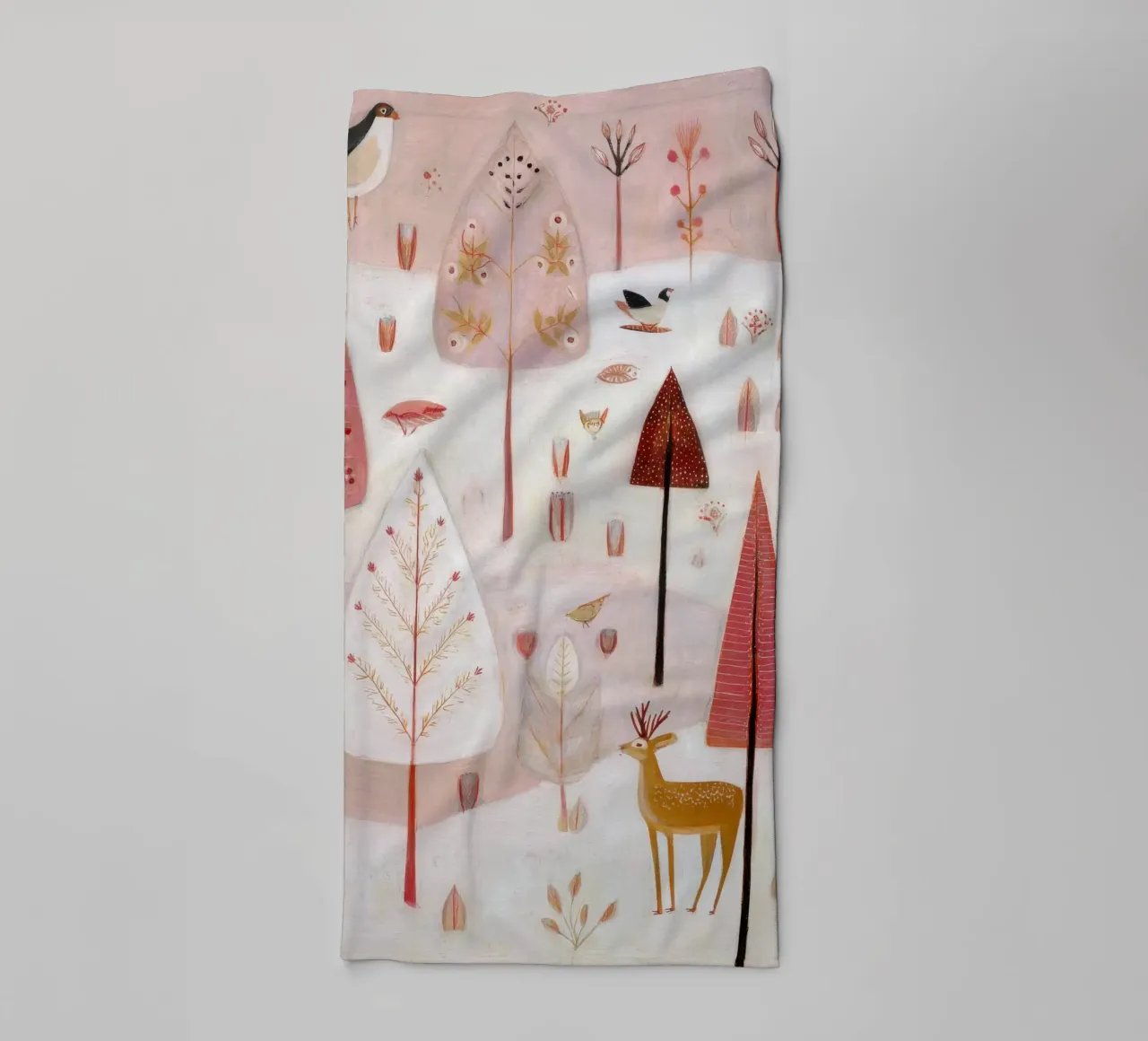 Whimsical Forest with Deer and Birds in Soft Pink Tones towel by Artbyvo