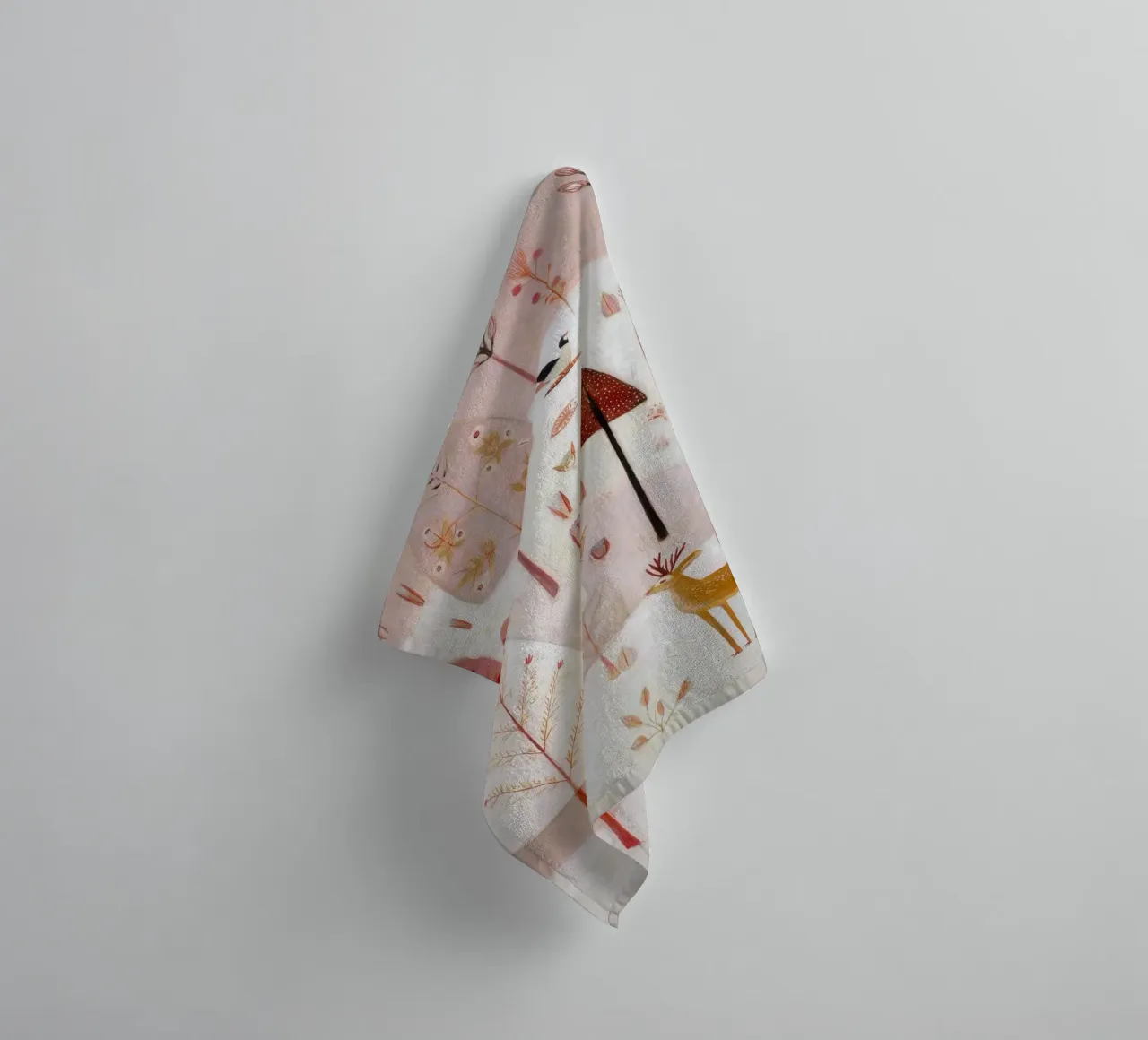 Whimsical Forest with Deer and Birds in Soft Pink Tones towel by Artbyvo