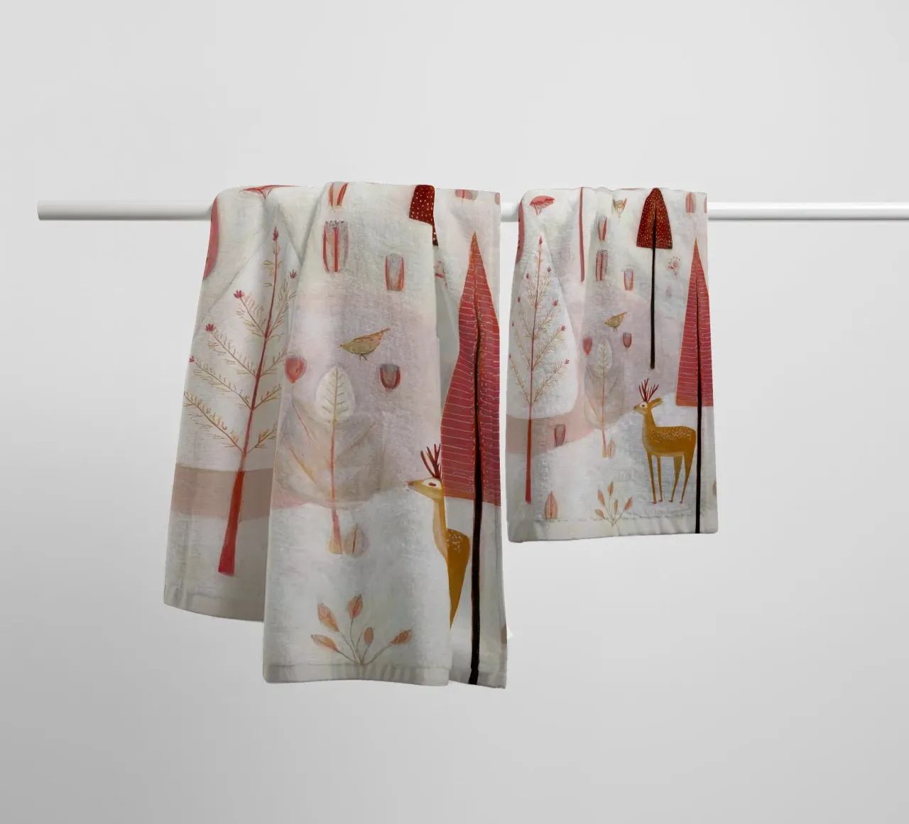 Whimsical Forest with Deer and Birds in Soft Pink Tones towel by Artbyvo