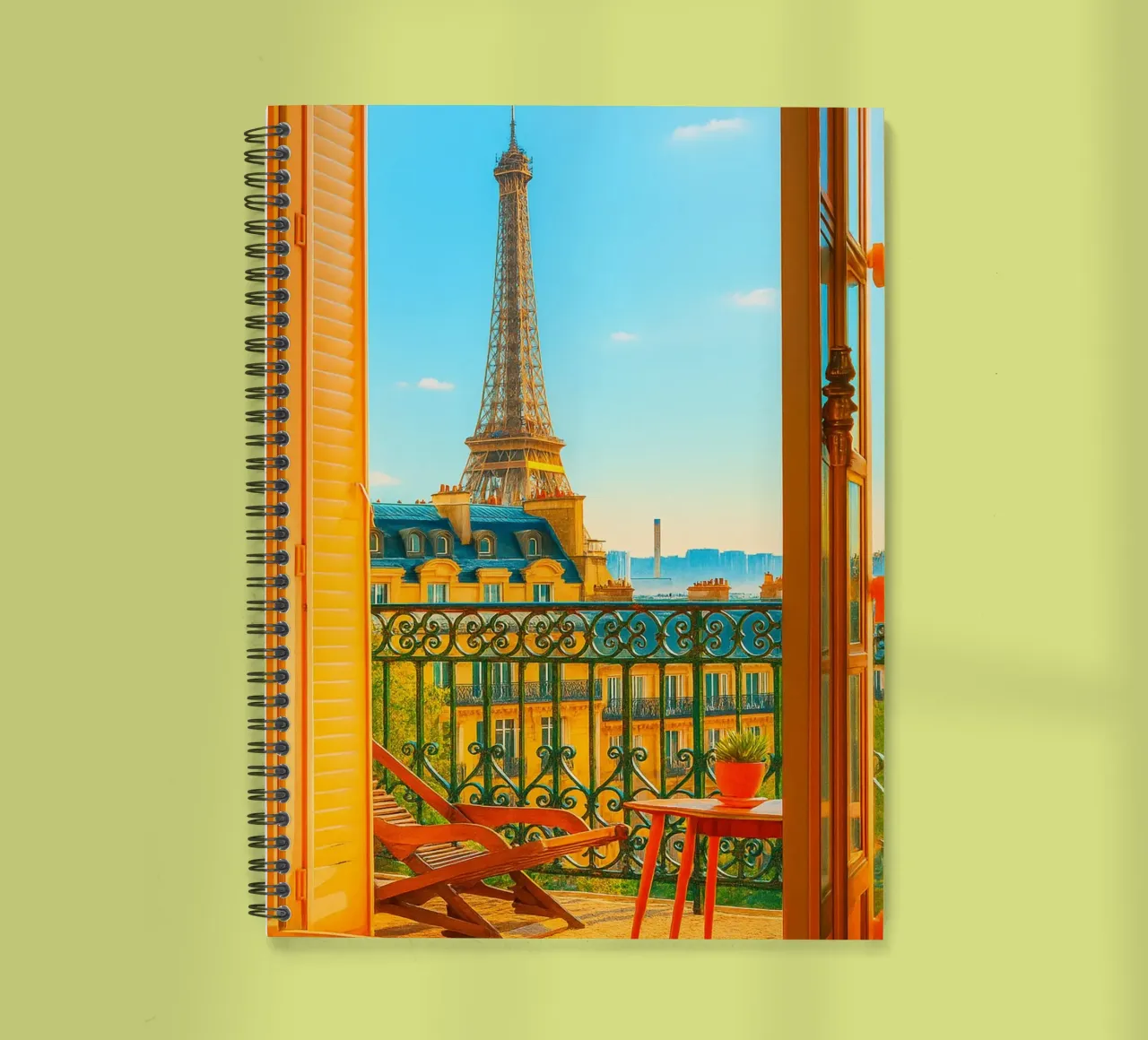 view of the Eiffel Tower from the hotel retro photography spiral notebook by lottuz