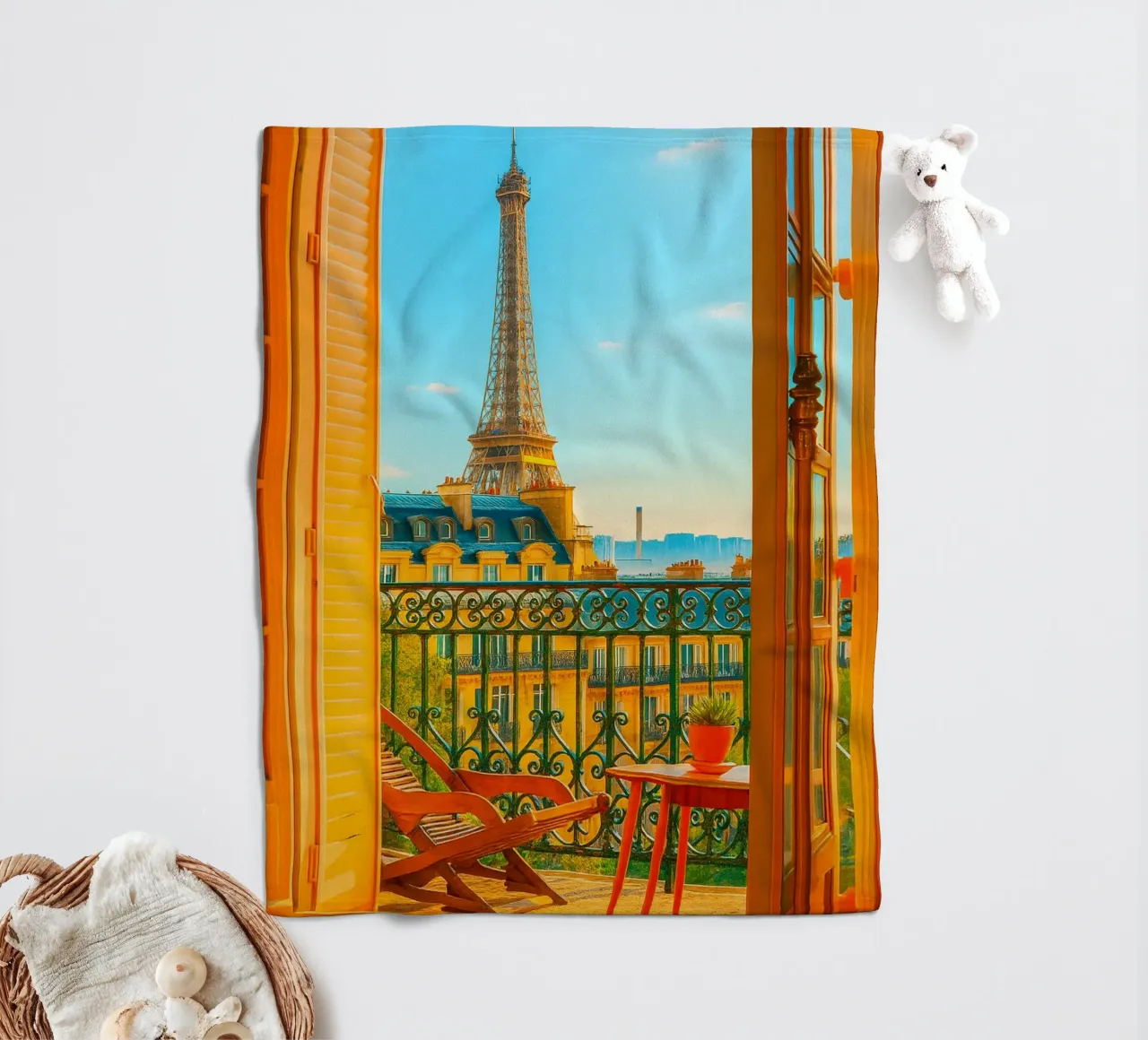 view of the Eiffel Tower from the hotel retro photography fleece blanket by lottuz