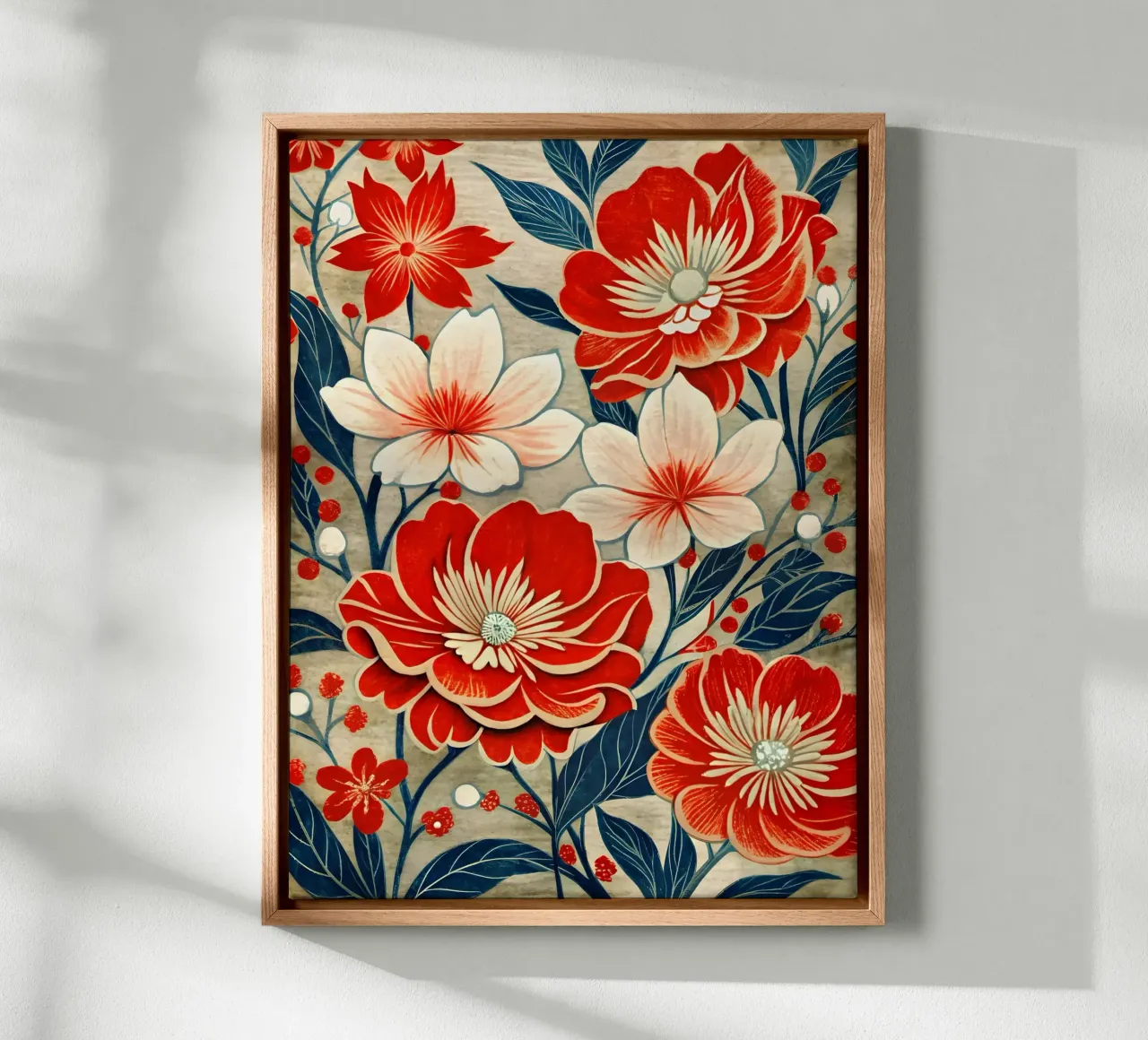 Karmozijnrood en crèmekleurig wandkleed canvas met Baklijst van Artistic-shop