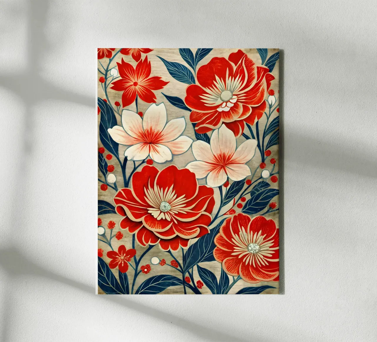 Karmozijnrood en crèmekleurig wandkleed canvas met Baklijst van Artistic-shop
