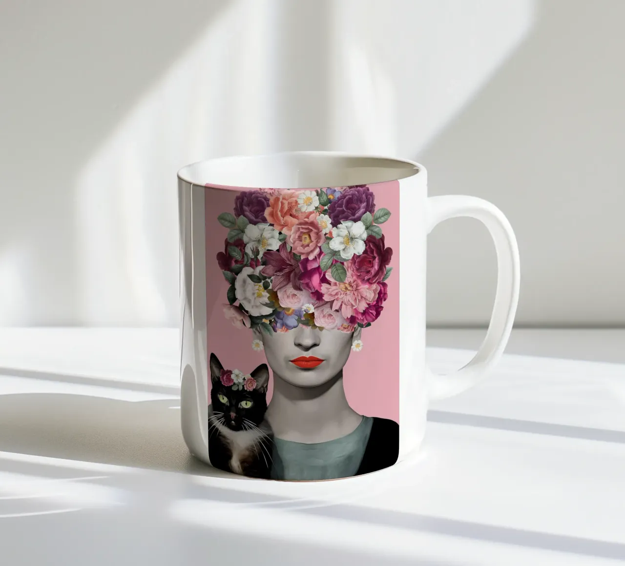 Frida pink Loves cats ceramic mug by Carinaprint
