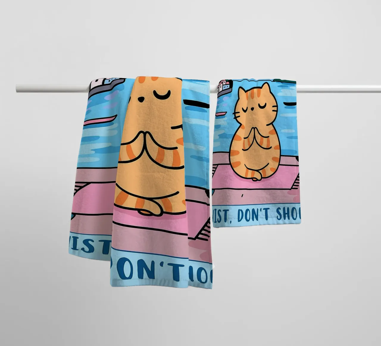 bend dont break twist dont shout funny yoga cat drawing towel by dahlianz
