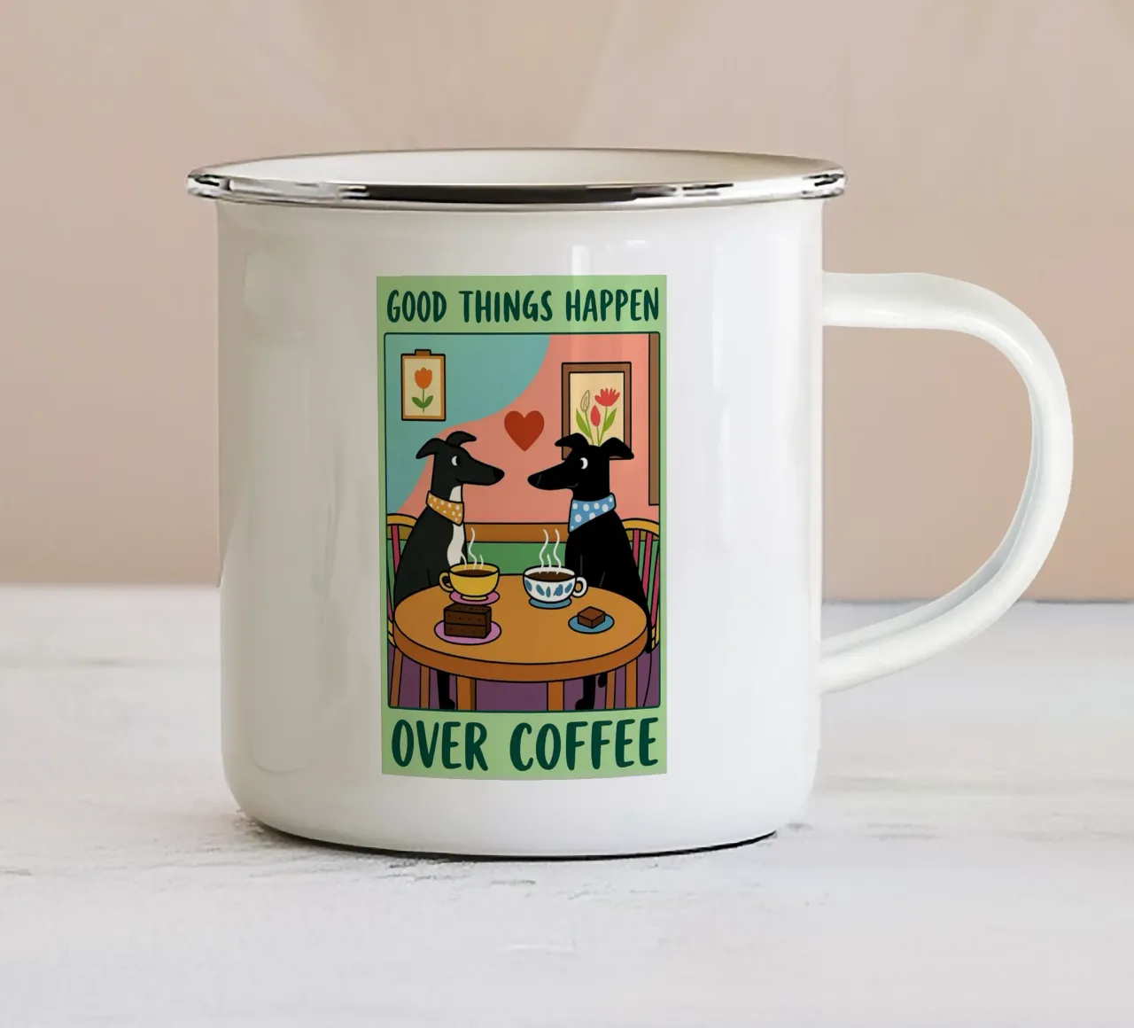 le cose belle succedono davanti a un caffè disegno divertente di un cane tazza in smalto da dahlianz