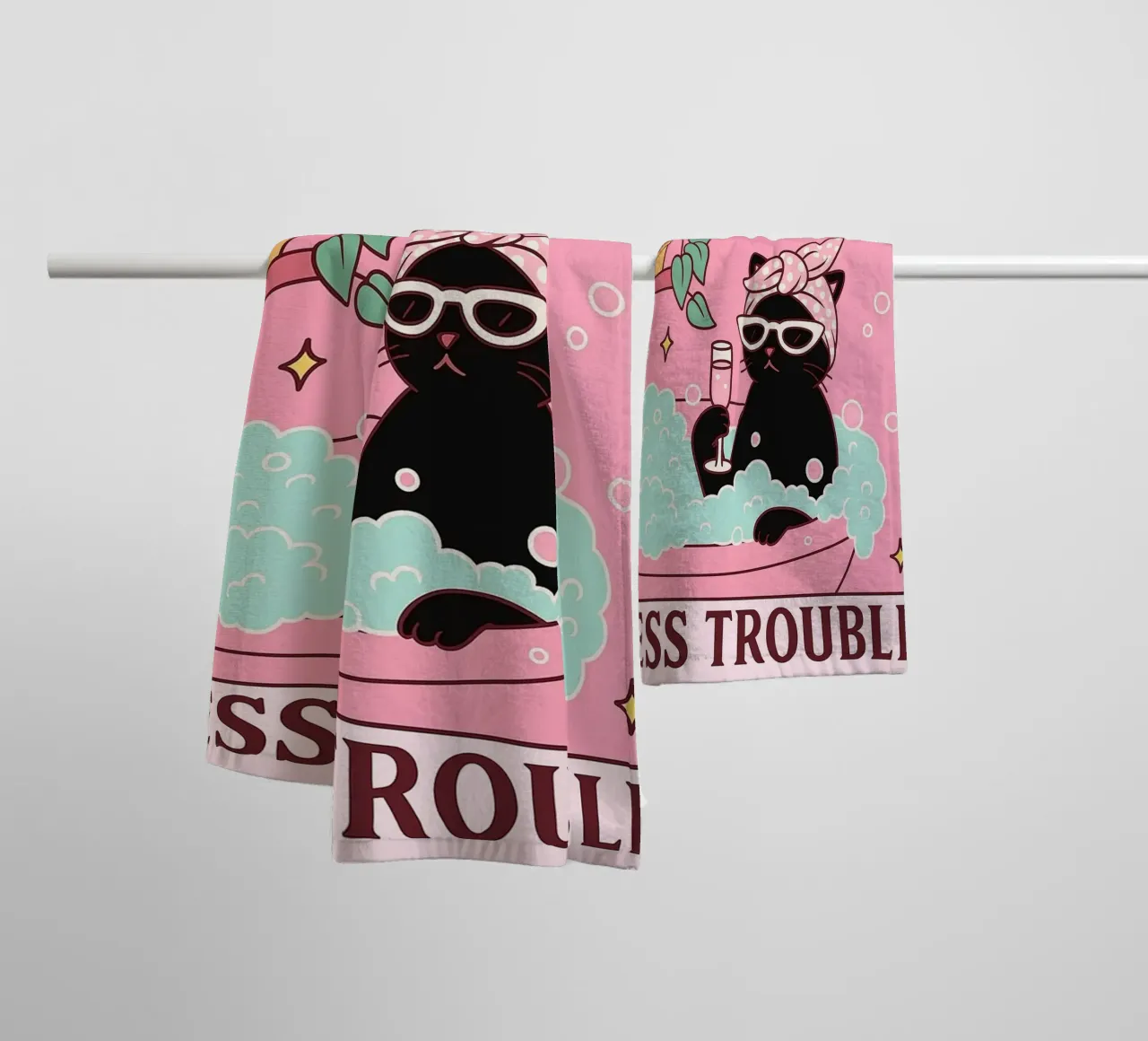 more bubbles less troubles funny cat drawing towel by dahlianz