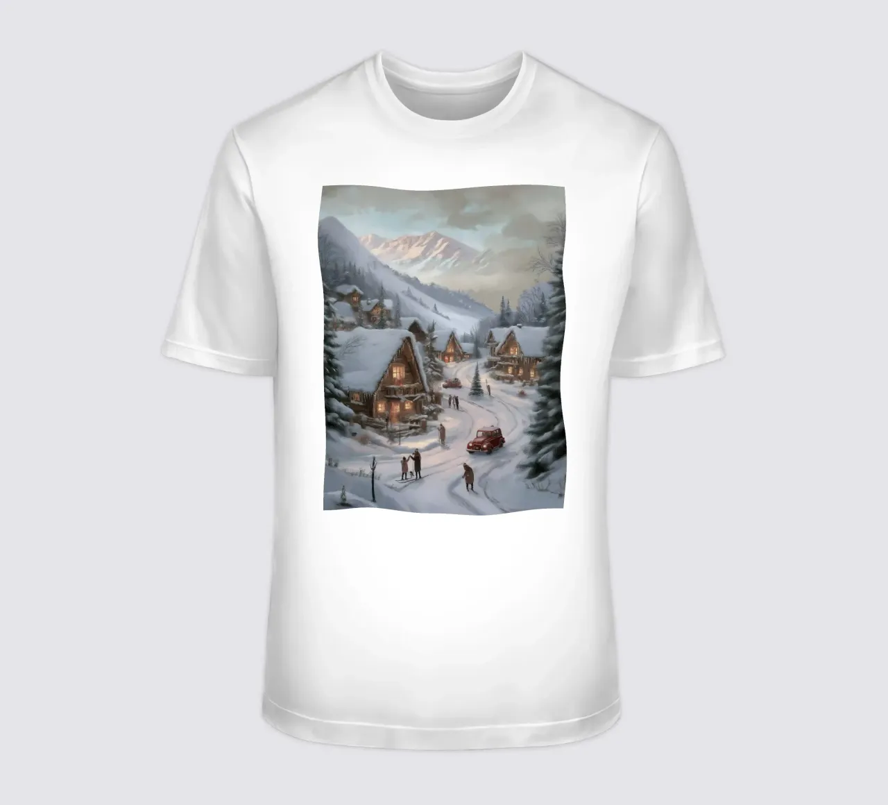 Villaggio invernale di montagna con case e luci innevate t-shirt da Cozy Vibes