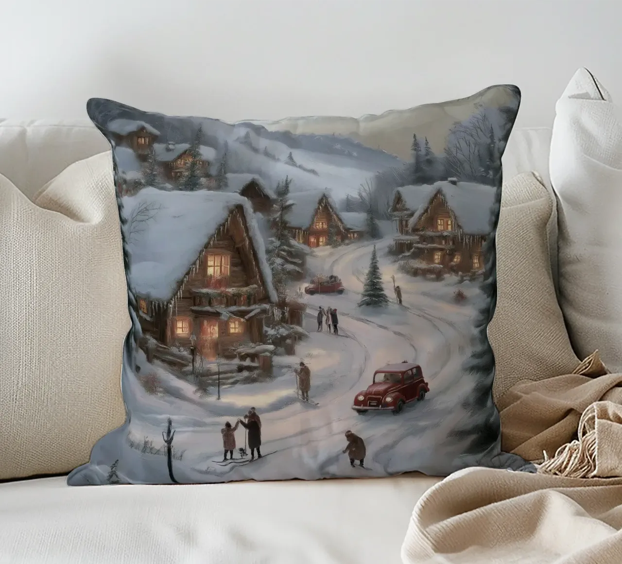 Villaggio invernale di montagna con case e luci innevate cuscino da Cozy Vibes