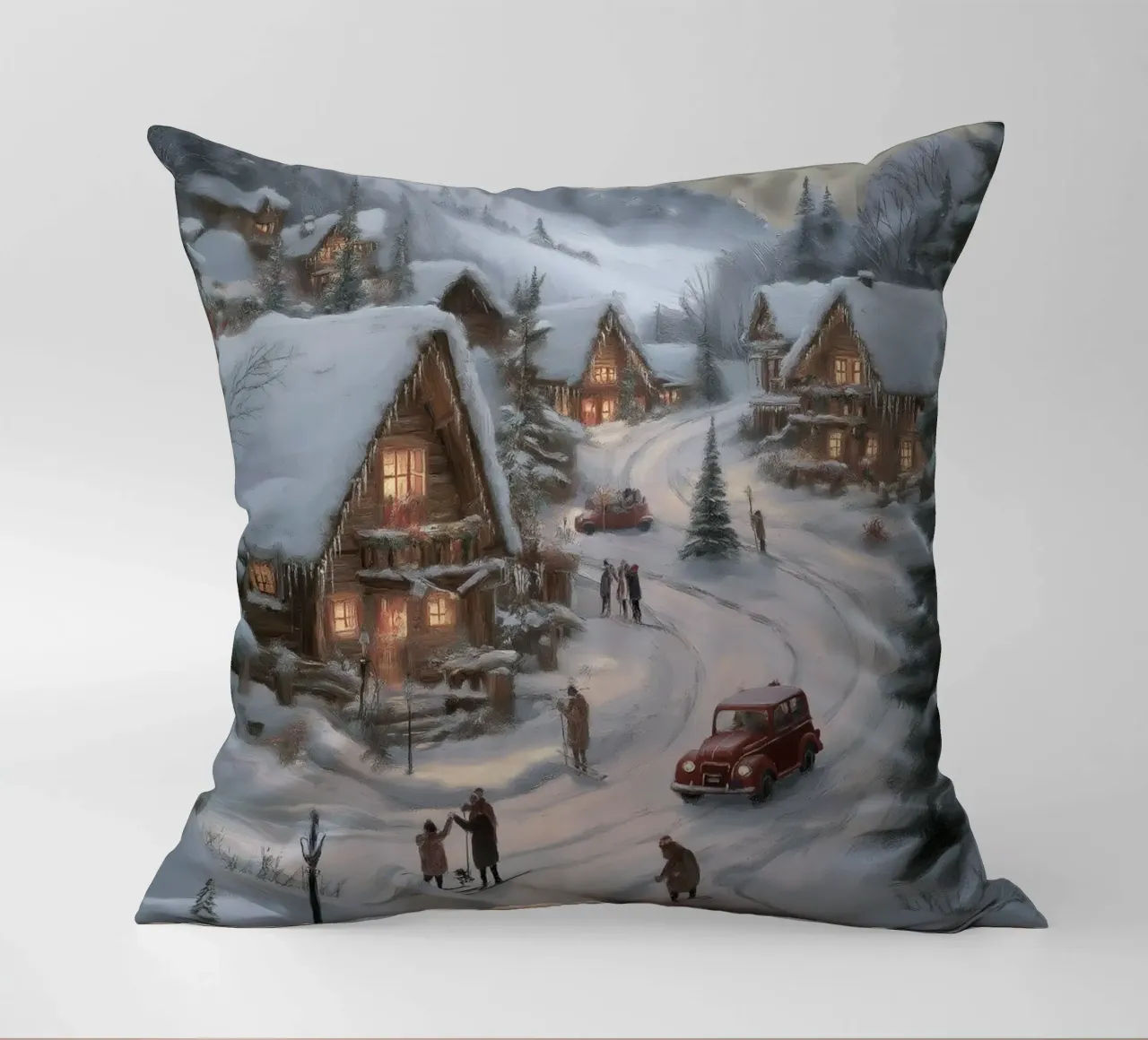 Villaggio invernale di montagna con case e luci innevate cuscino da Cozy Vibes