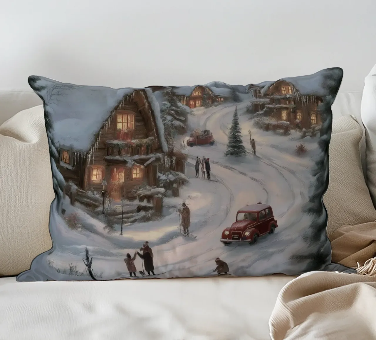 Villaggio invernale di montagna con case e luci innevate cuscino da Cozy Vibes