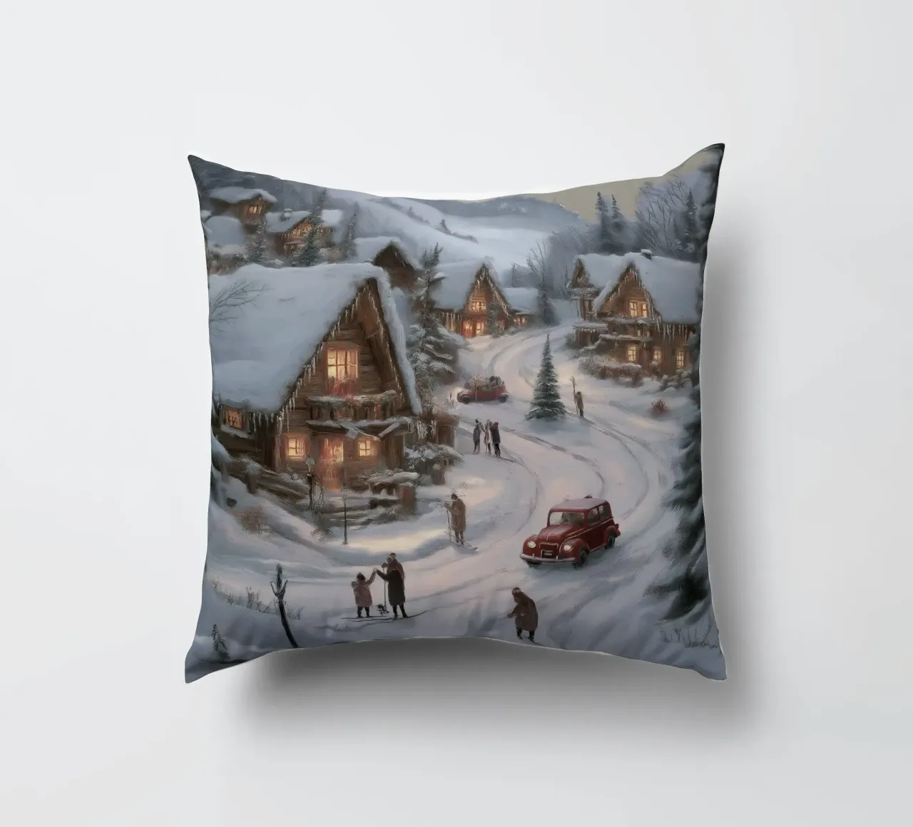 Villaggio invernale di montagna con case e luci innevate cuscino da Cozy Vibes