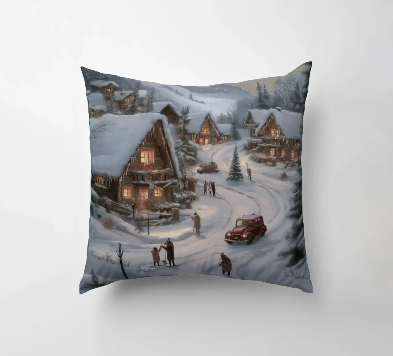 Villaggio invernale di montagna con case e luci innevate cuscino da Cozy Vibes