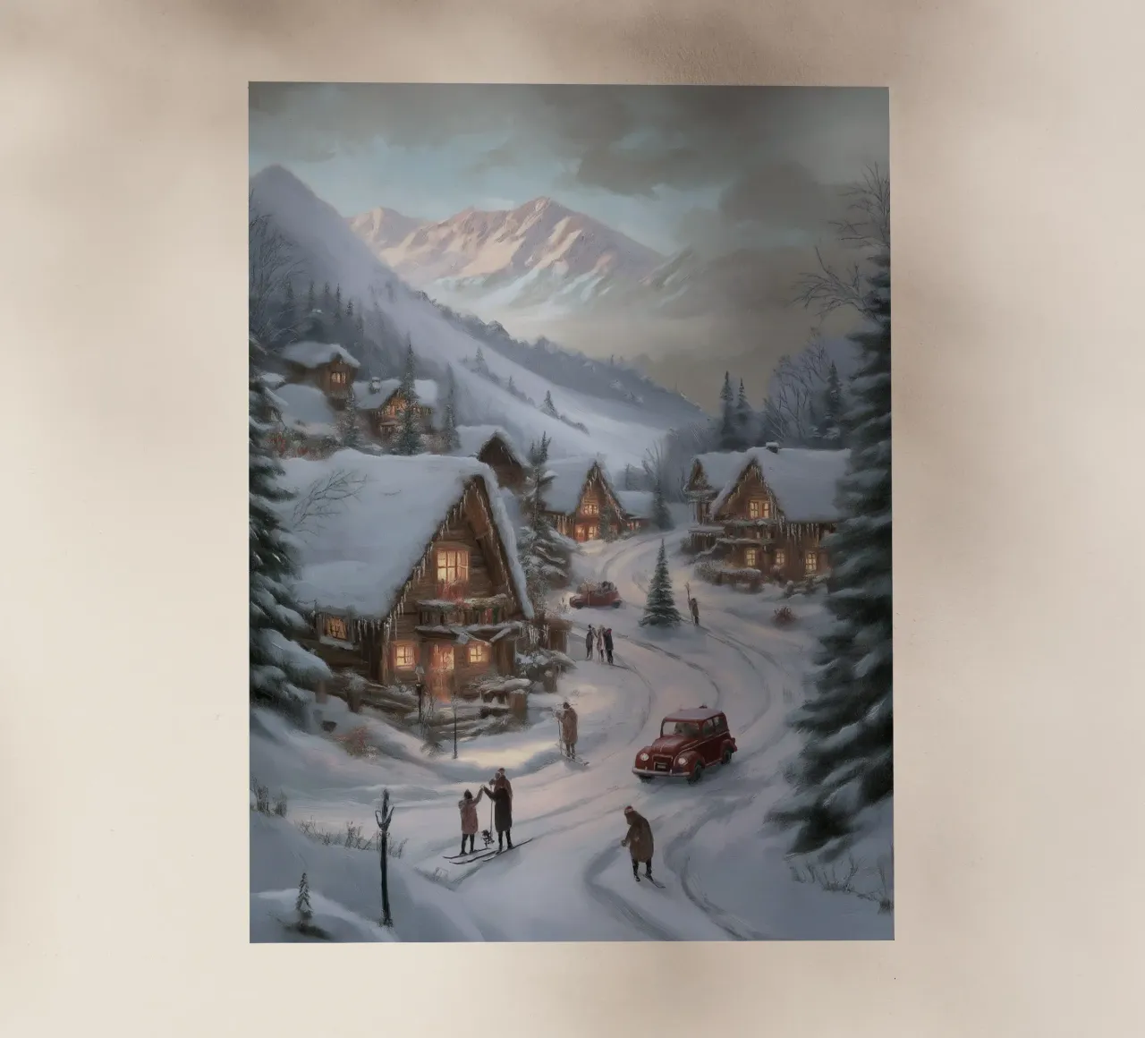 Villaggio invernale di montagna con case e luci innevate pellicola backlit da Cozy Vibes