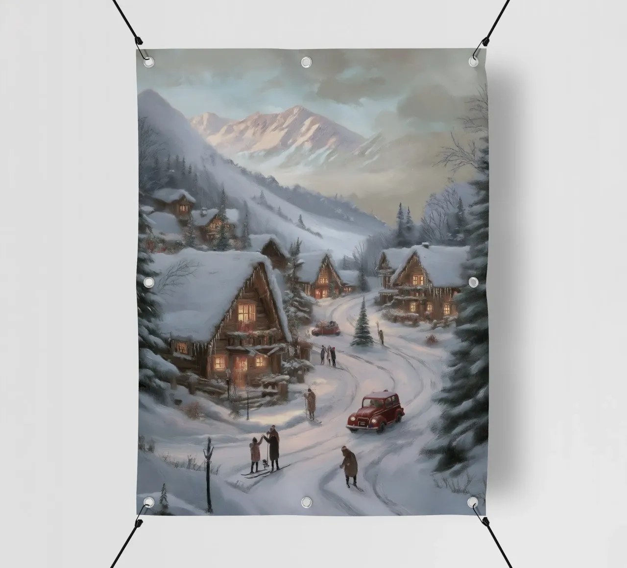 Villaggio invernale di montagna con case e luci innevate telo in pvc da Cozy Vibes
