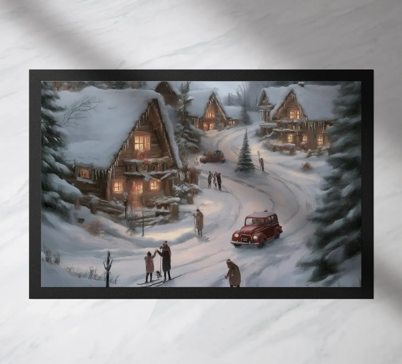Villaggio invernale di montagna con case e luci innevate zerbino da Cozy Vibes