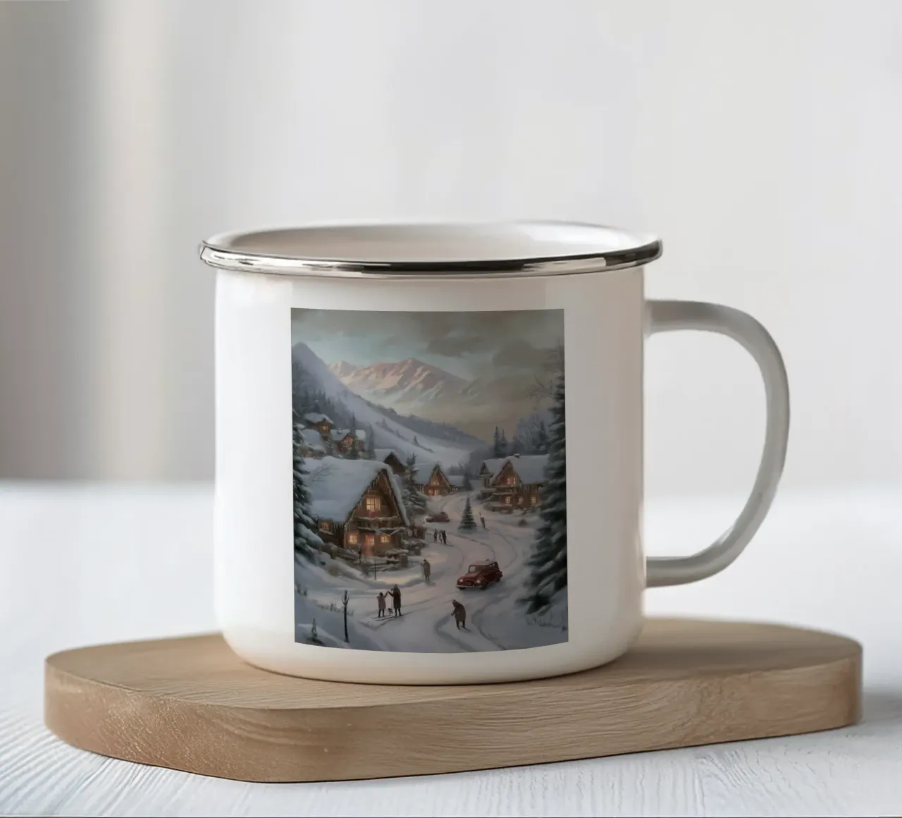 Villaggio invernale di montagna con case e luci innevate tazza in smalto da Cozy Vibes