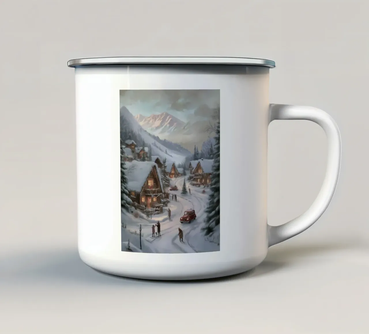 Villaggio invernale di montagna con case e luci innevate tazza in smalto da Cozy Vibes