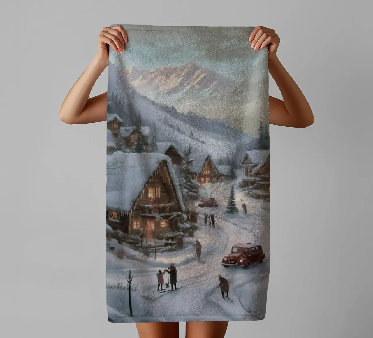 Villaggio invernale di montagna con case e luci innevate asciugamano da bagno da Cozy Vibes