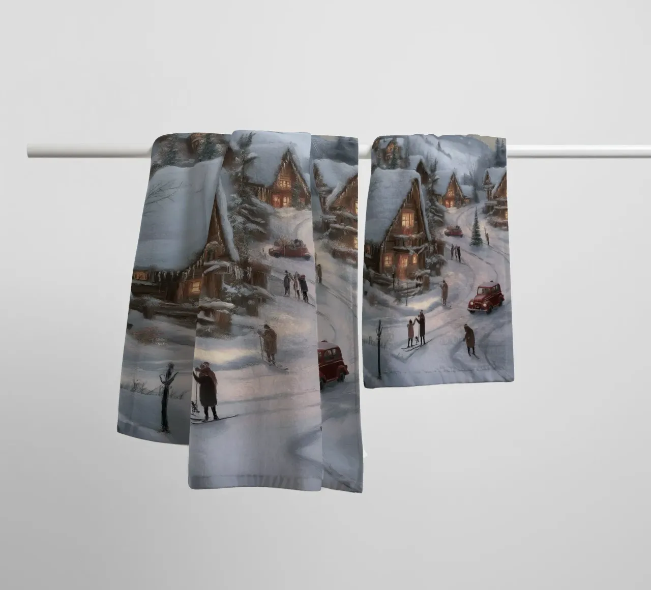 Villaggio invernale di montagna con case e luci innevate asciugamano da bagno da Cozy Vibes