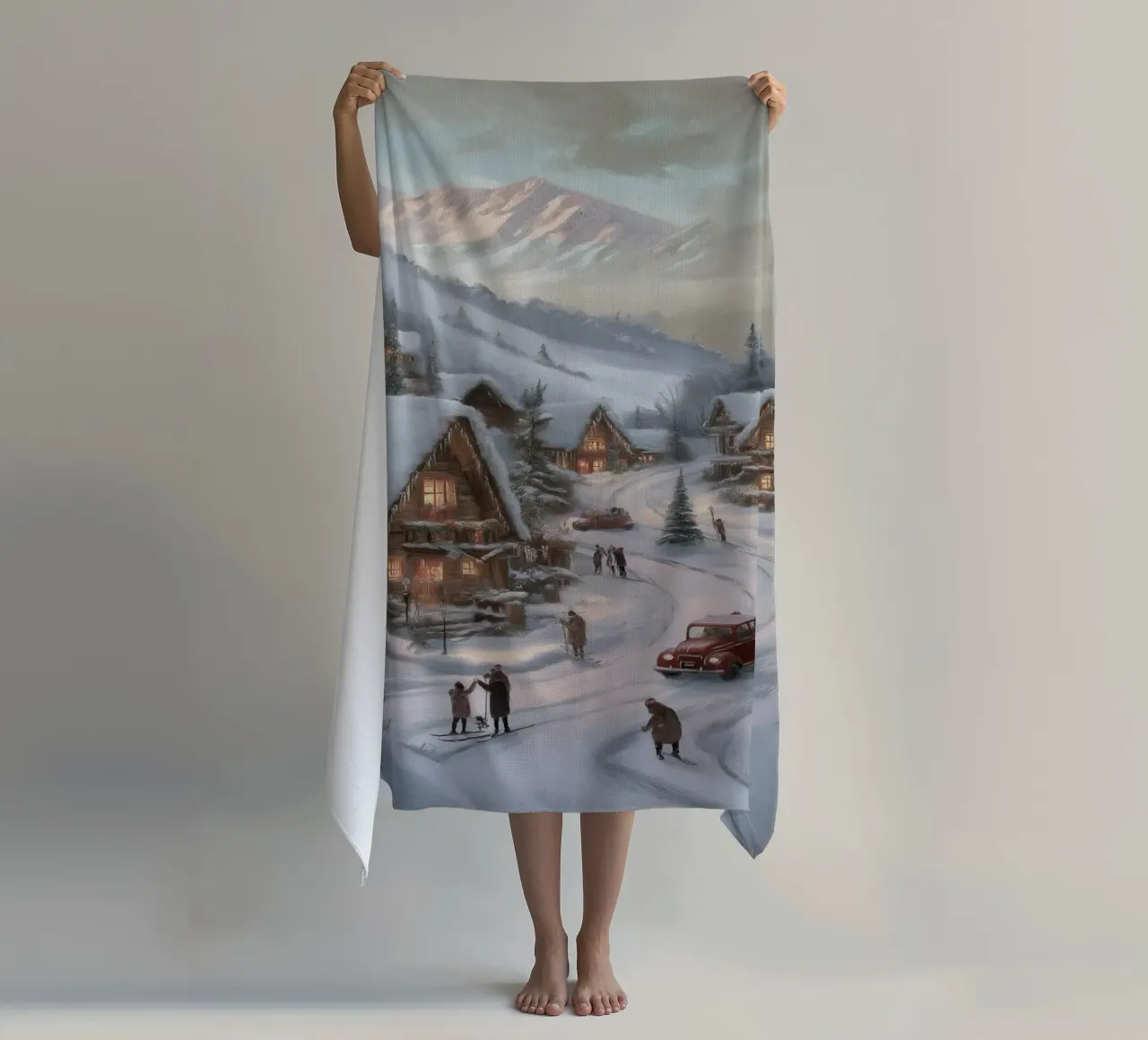 Villaggio invernale di montagna con case e luci innevate telo mare da Cozy Vibes