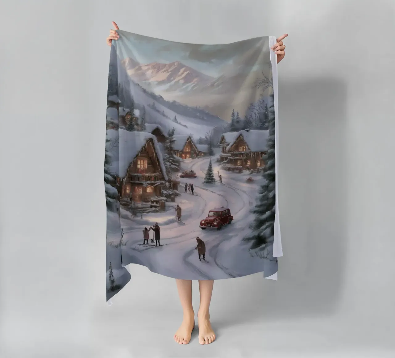 Villaggio invernale di montagna con case e luci innevate telo mare da Cozy Vibes