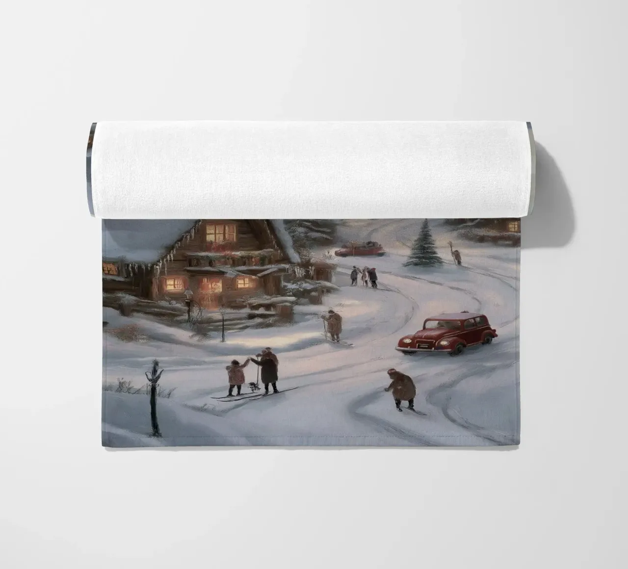 Villaggio invernale di montagna con case e luci innevate telo mare da Cozy Vibes