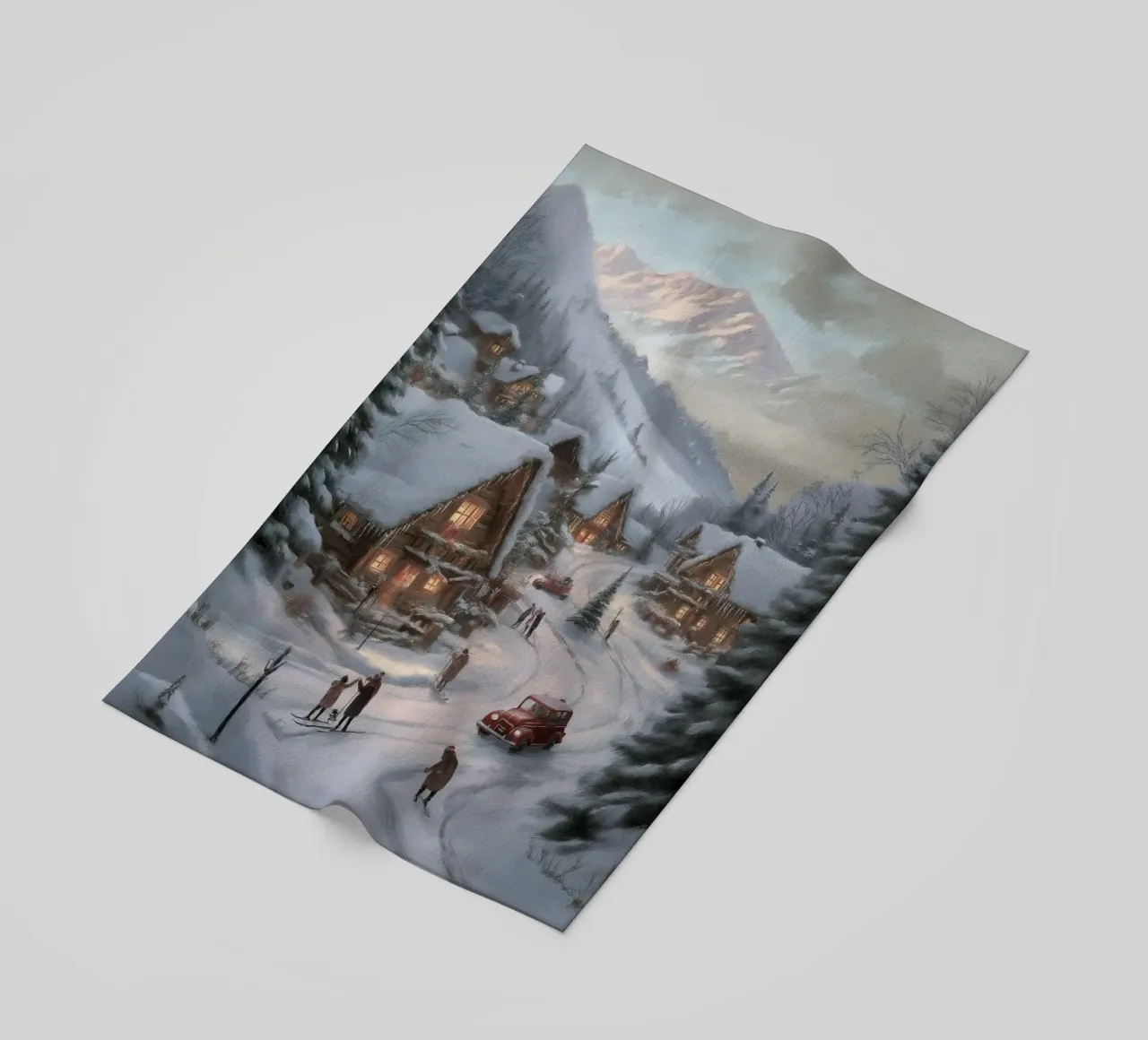 Villaggio invernale di montagna con case e luci innevate telo mare da Cozy Vibes