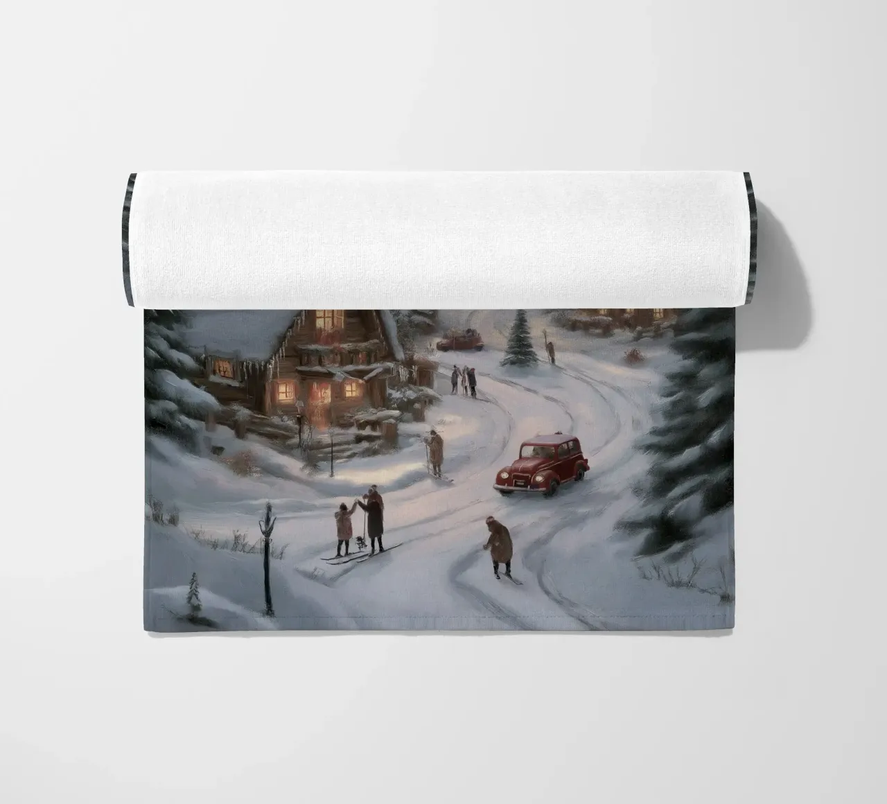 Villaggio invernale di montagna con case e luci innevate telo mare da Cozy Vibes